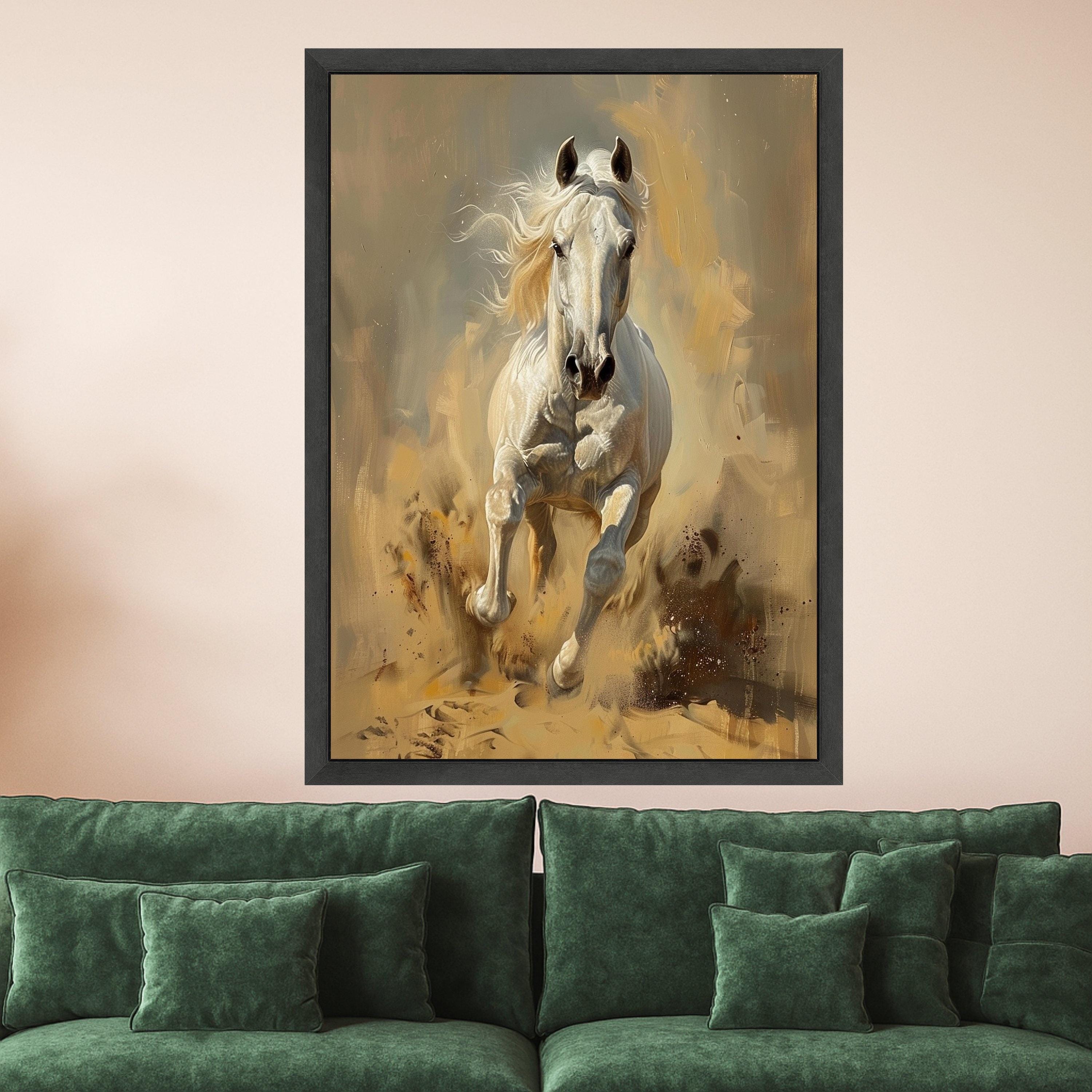 Majestic White Horse Running Canvas, Dynamic Animal Wall Art, Equestrian Home Decor, Energetic Horse Print, Modern Canvas Decoration