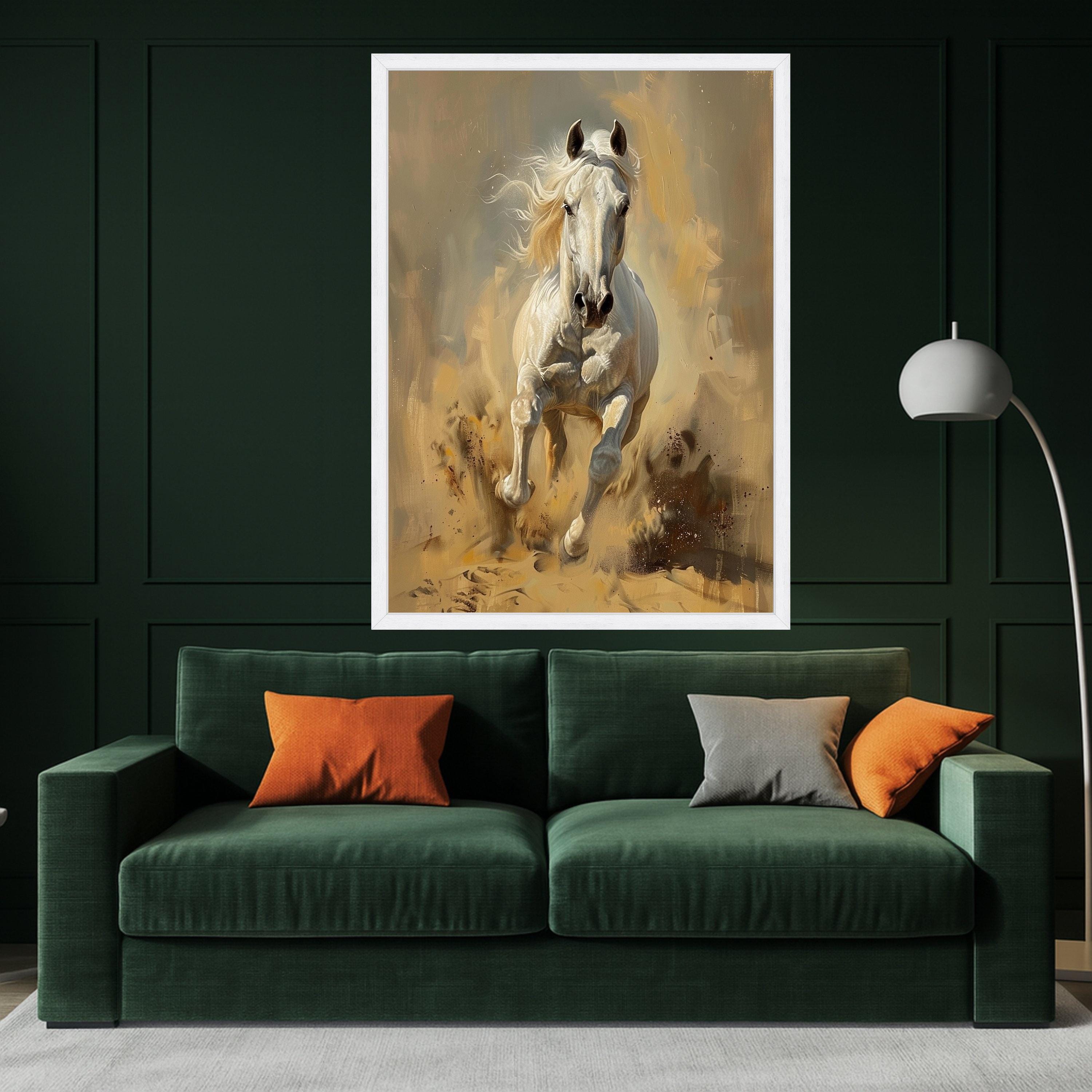 Majestic White Horse Running Canvas, Dynamic Animal Wall Art, Equestrian Home Decor, Energetic Horse Print, Modern Canvas Decoration