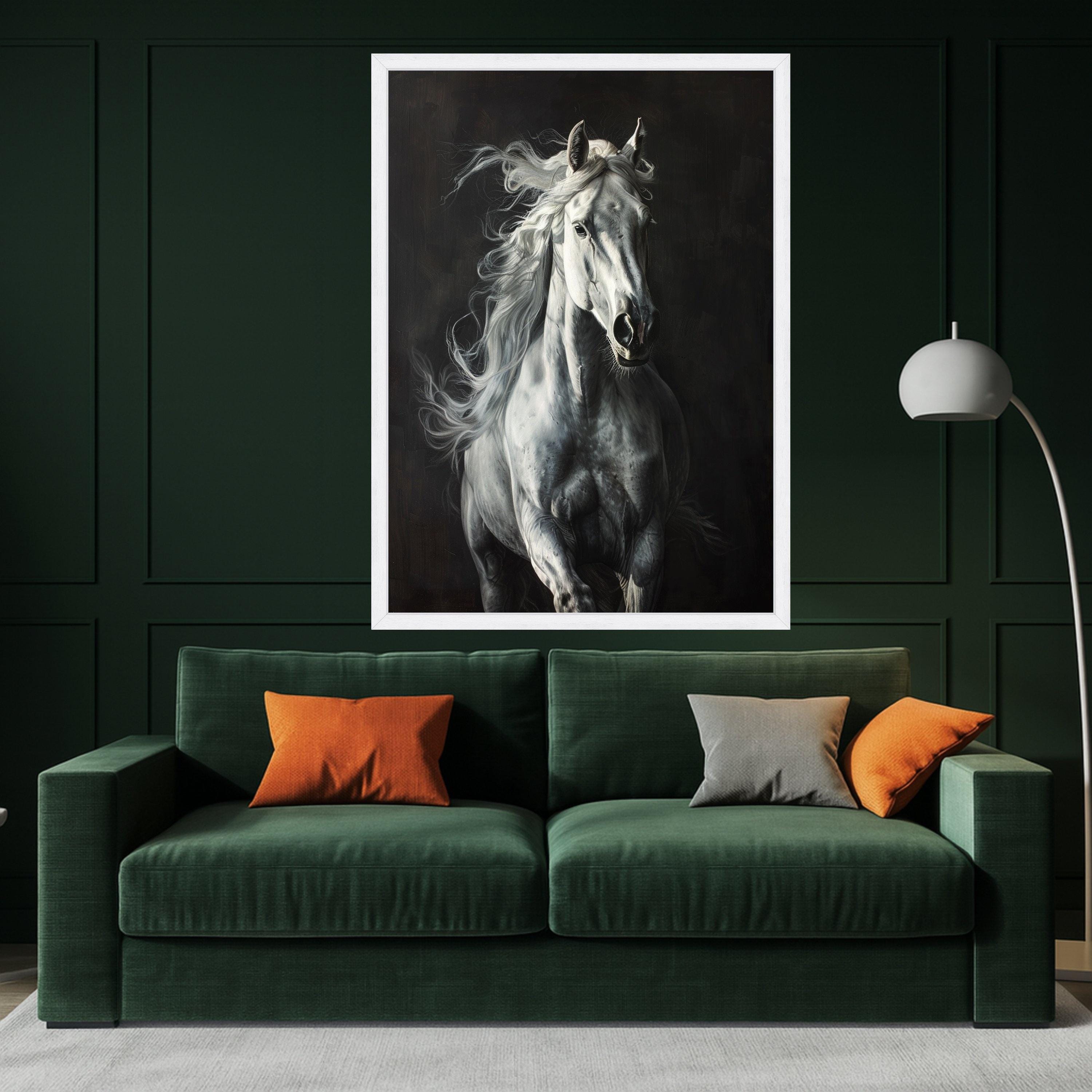 Majestic White Horse Canvas Wall Art, Running Stallion Artwork, Equestrian Animal Decor, Dynamic Horse Portrait Canvas, Ready to Hang