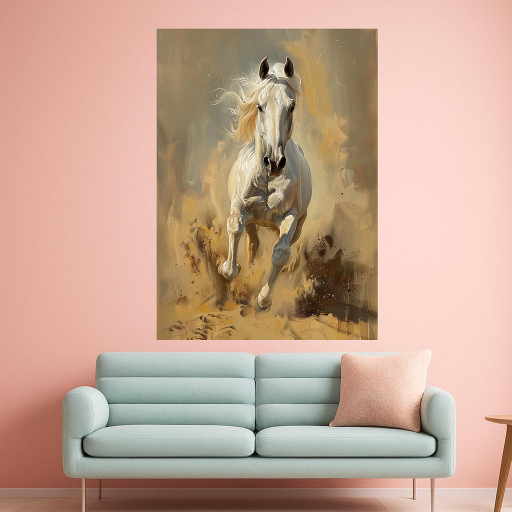 Majestic White Horse Running Canvas, Dynamic Animal Wall Art, Equestrian Home Decor, Energetic Horse Print, Modern Canvas Decoration