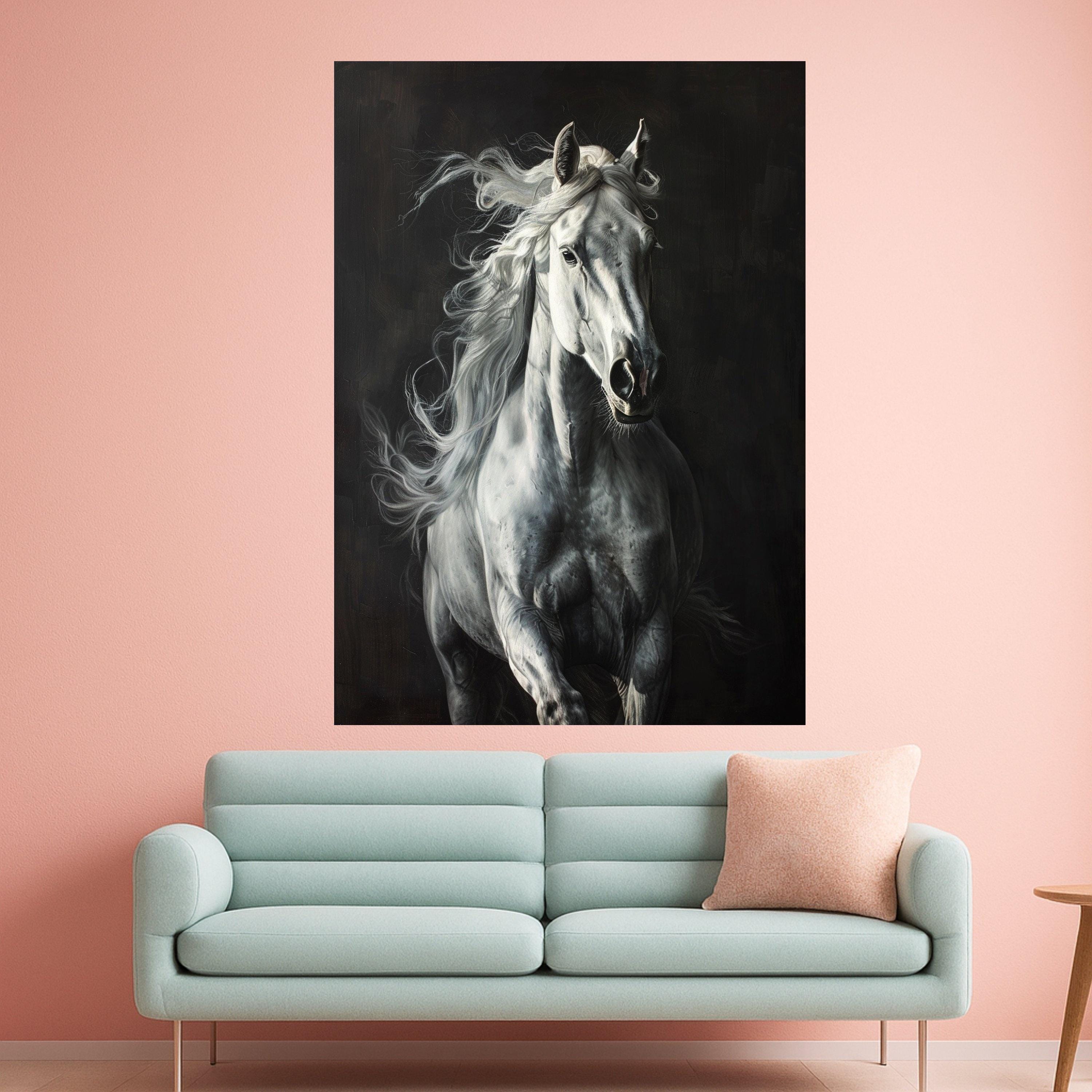 Majestic White Horse Canvas Wall Art, Running Stallion Artwork, Equestrian Animal Decor, Dynamic Horse Portrait Canvas, Ready to Hang