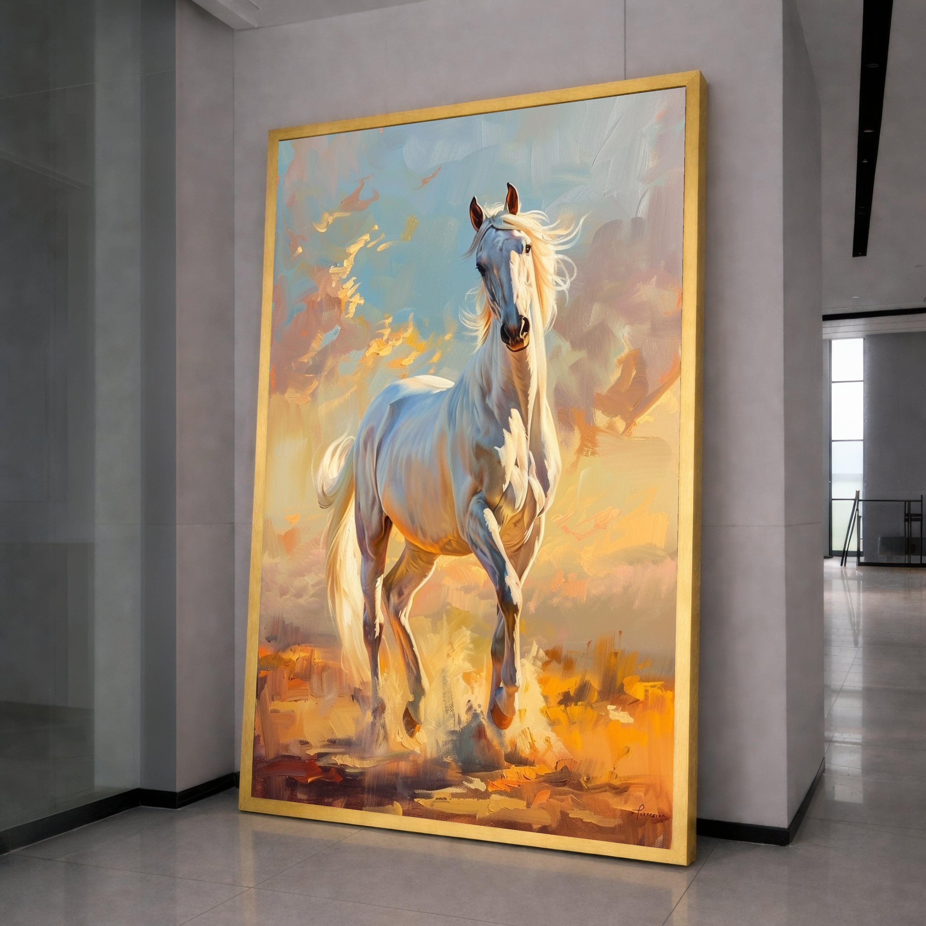 Majestic White Horse Canvas, Running Stallion Wall Art, Equestrian Home Decor, Nature Animal Canvas, Dynamic Horse Painting