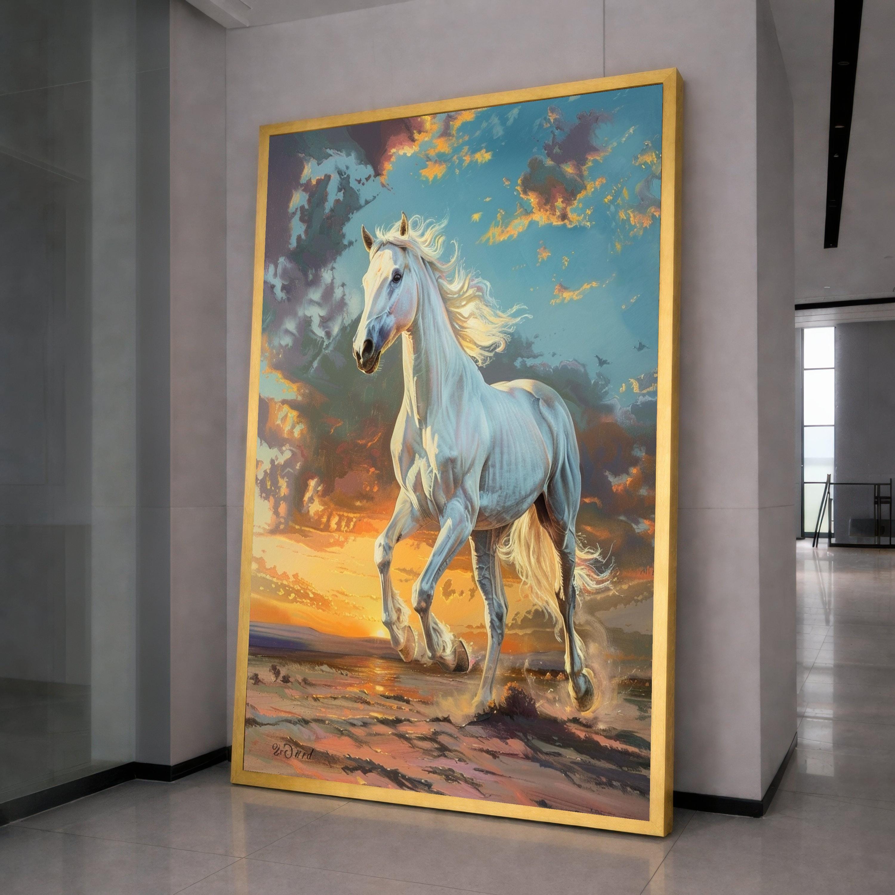 Majestic White Horse Running at Sunset, Wilderness Canvas Wall Art, Equine Nature Painting, Scenic Landscape Canvas, Inspirational Home