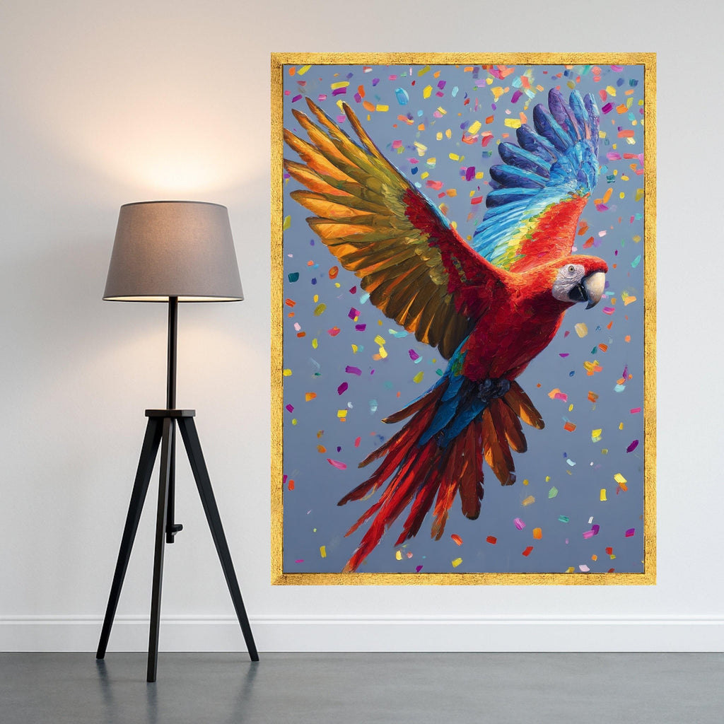 Vibrant Scarlet Macaw Canvas, Colorful Flying Parrot Wall Art, Tropical Bird Decoration, Bright Nature Canvas, Confetti Background Design