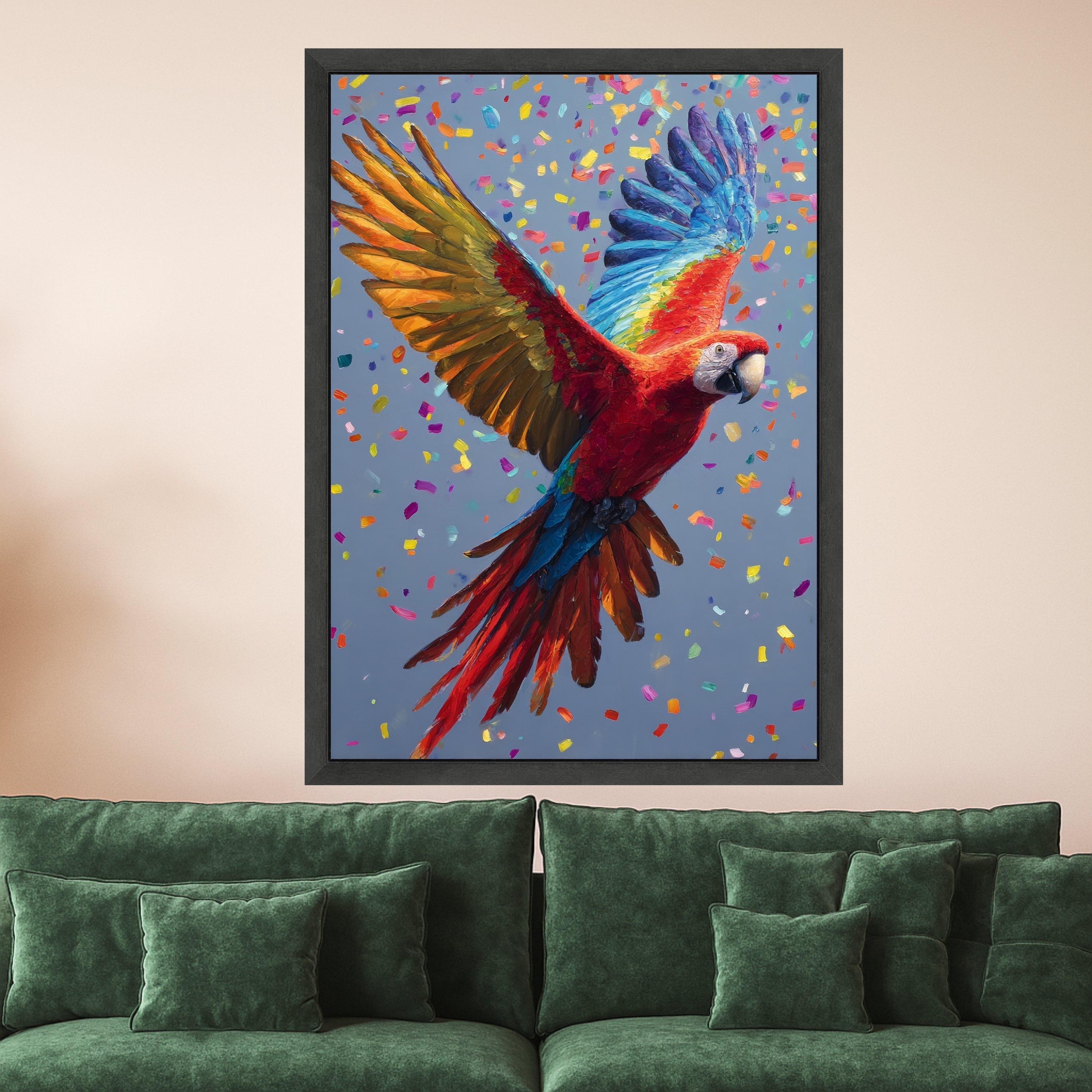 Vibrant Scarlet Macaw Canvas, Colorful Flying Parrot Wall Art, Tropical Bird Decoration, Bright Nature Canvas, Confetti Background Design