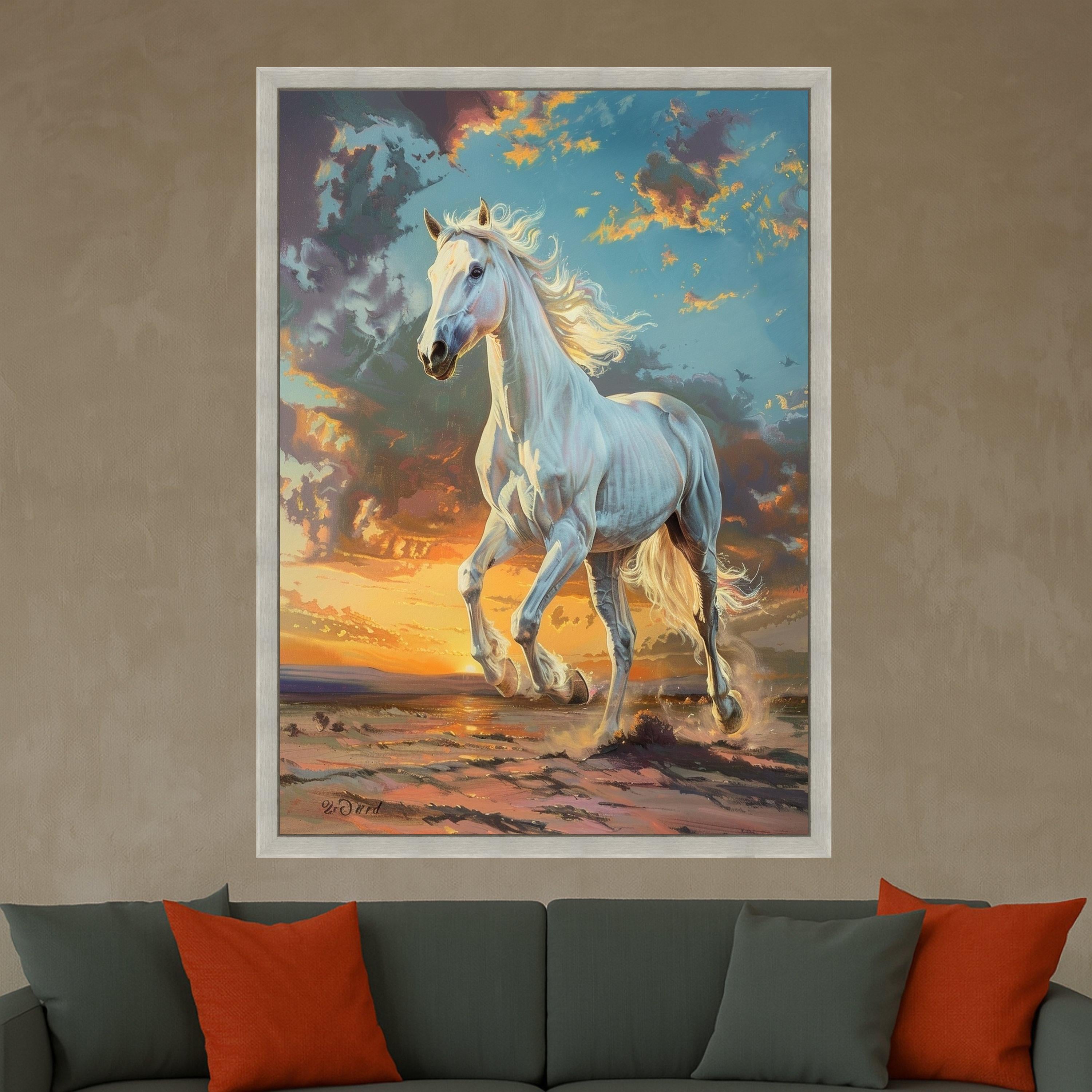 Majestic White Horse Running at Sunset, Wilderness Canvas Wall Art, Equine Nature Painting, Scenic Landscape Canvas, Inspirational Home