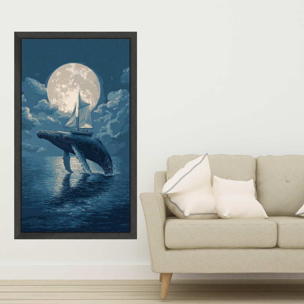 Moonlit Whale Jump, Sailboat Adventure Canvas, Ocean Night Sky Wall Art, Nautical Theme Canvas, Surreal Marine Decoration