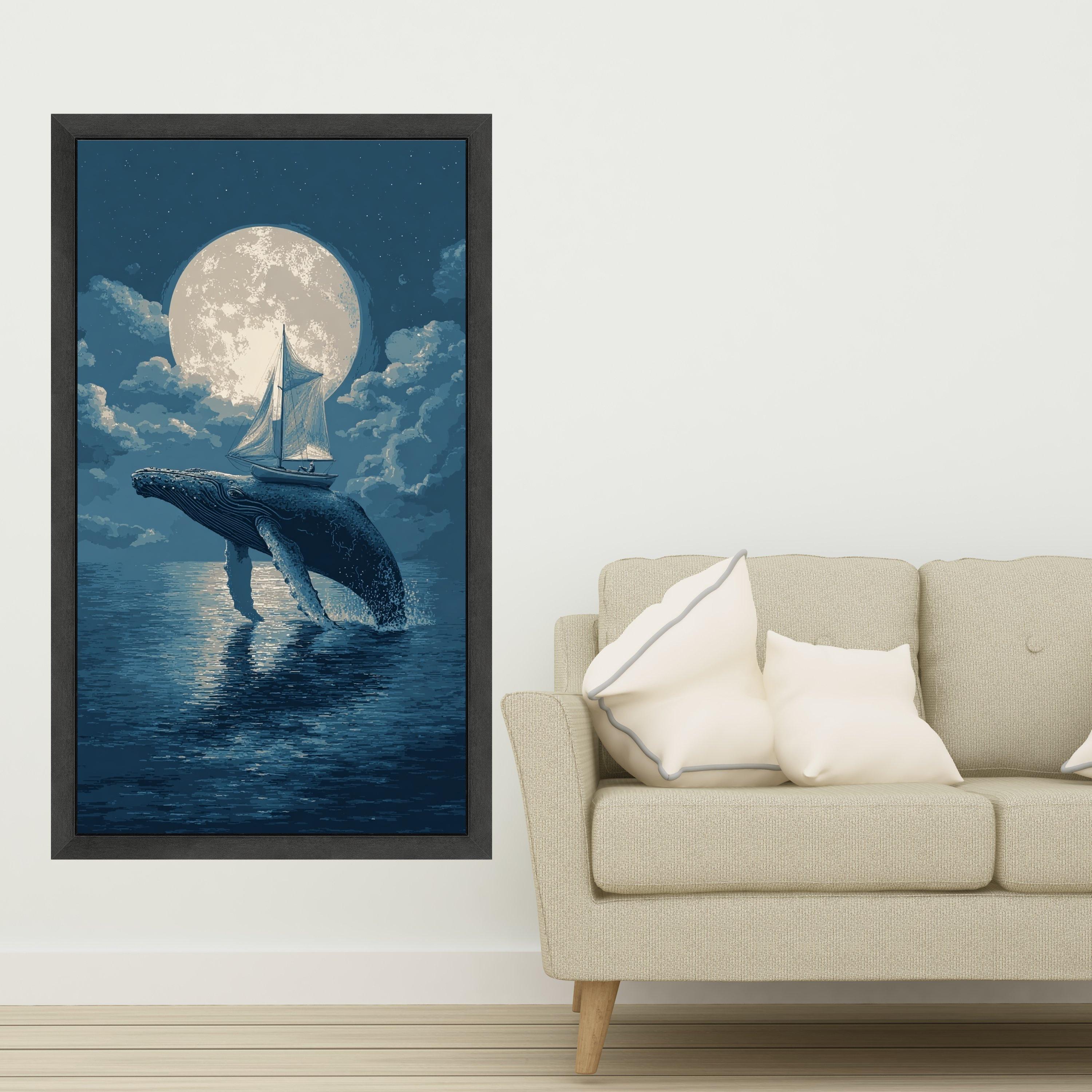Moonlit Whale Jump, Sailboat Adventure Canvas, Ocean Night Sky Wall Art, Nautical Theme Canvas, Surreal Marine Decoration
