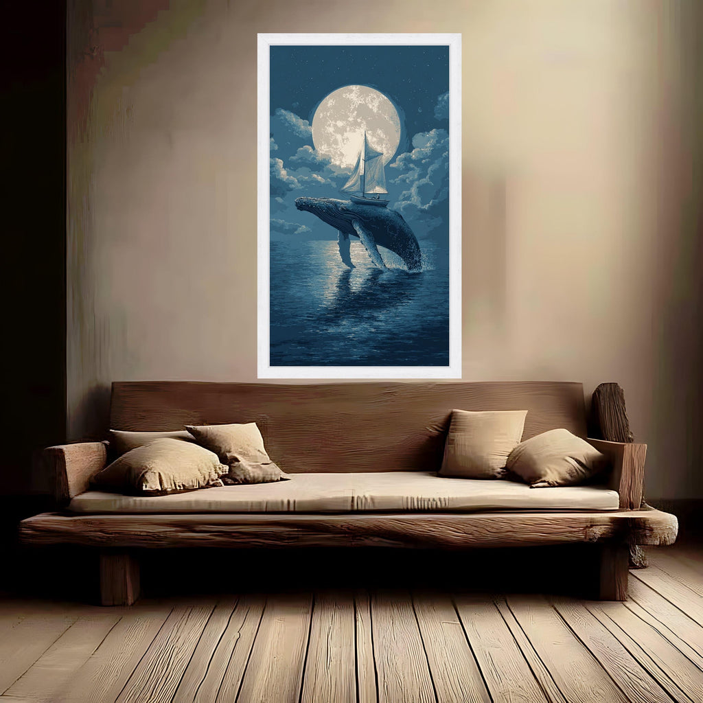 Moonlit Whale Jump, Sailboat Adventure Canvas, Ocean Night Sky Wall Art, Nautical Theme Canvas, Surreal Marine Decoration