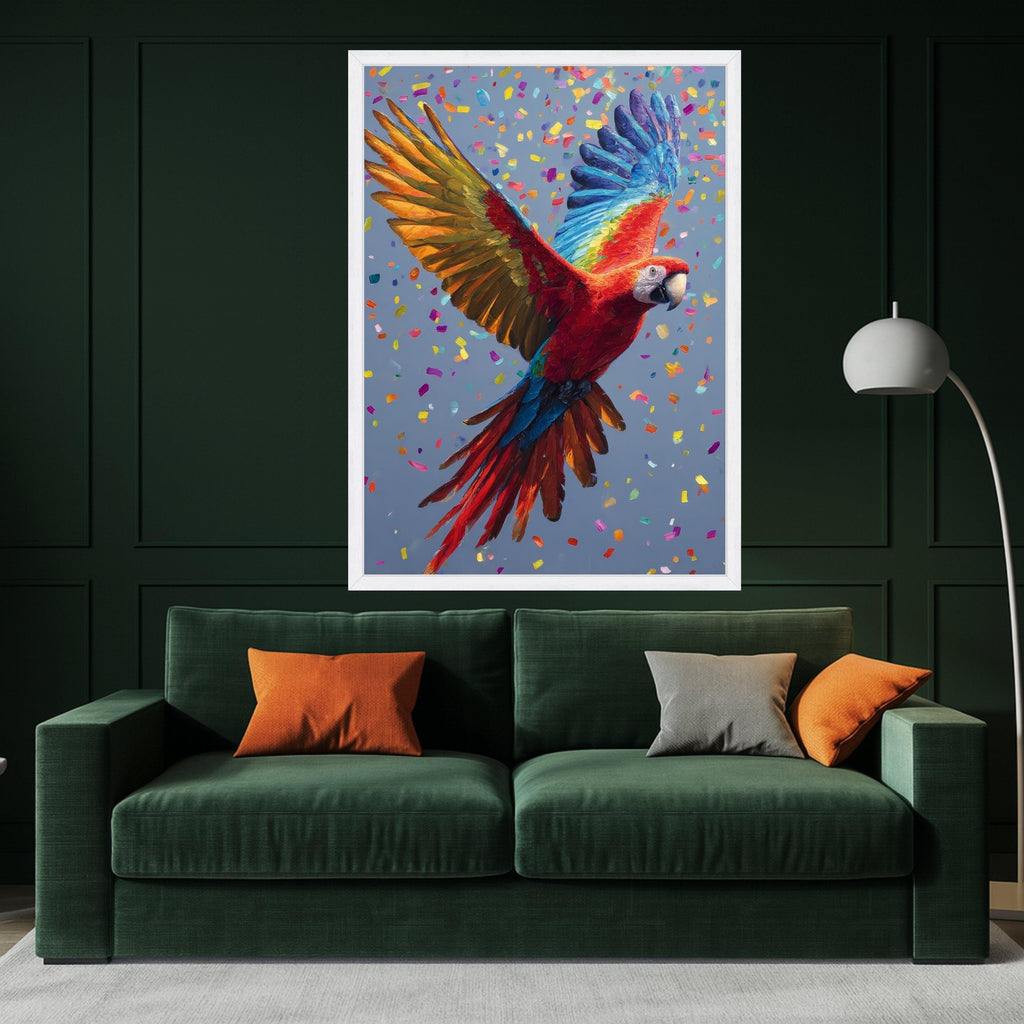 Vibrant Scarlet Macaw Canvas, Colorful Flying Parrot Wall Art, Tropical Bird Decoration, Bright Nature Canvas, Confetti Background Design