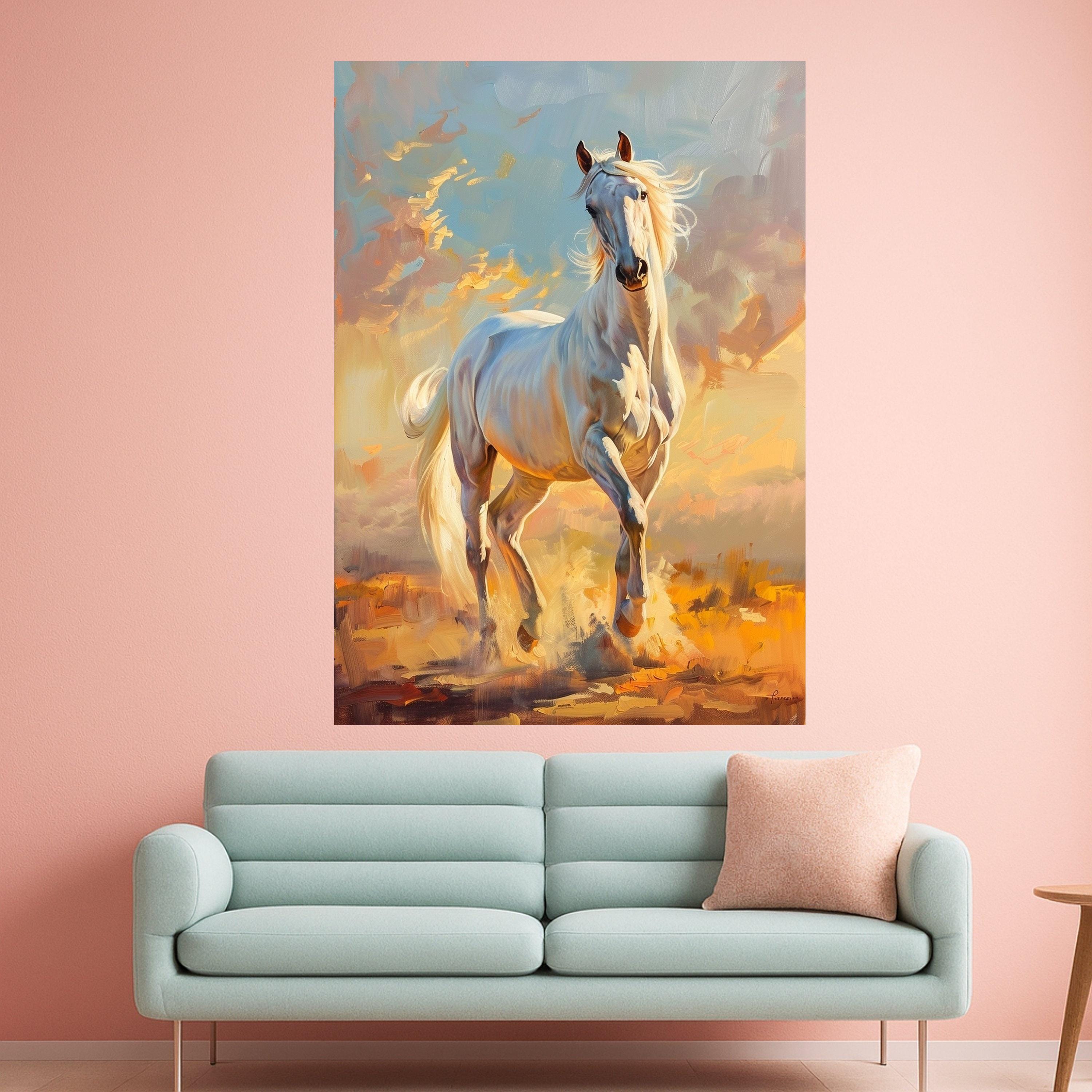 Majestic White Horse Canvas, Running Stallion Wall Art, Equestrian Home Decor, Nature Animal Canvas, Dynamic Horse Painting