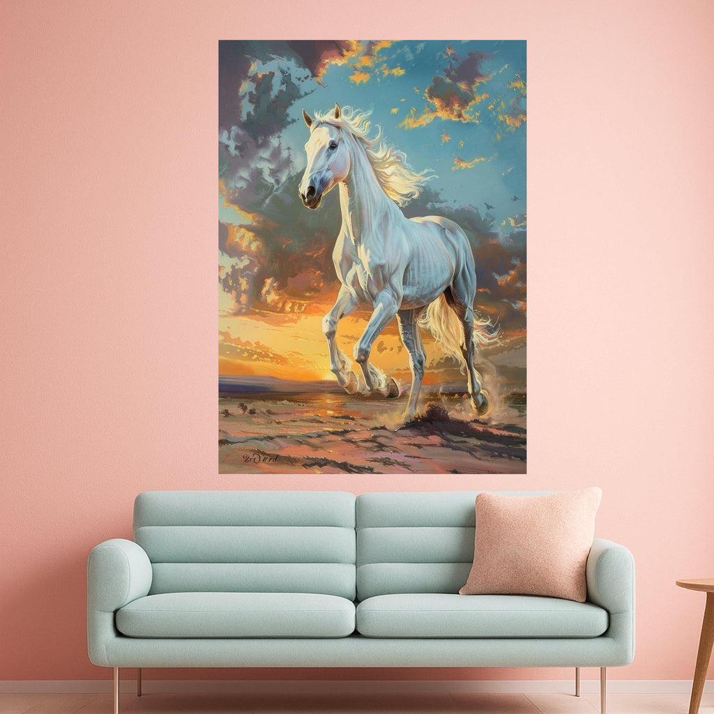 Majestic White Horse Running at Sunset, Wilderness Canvas Wall Art, Equine Nature Painting, Scenic Landscape Canvas, Inspirational Home