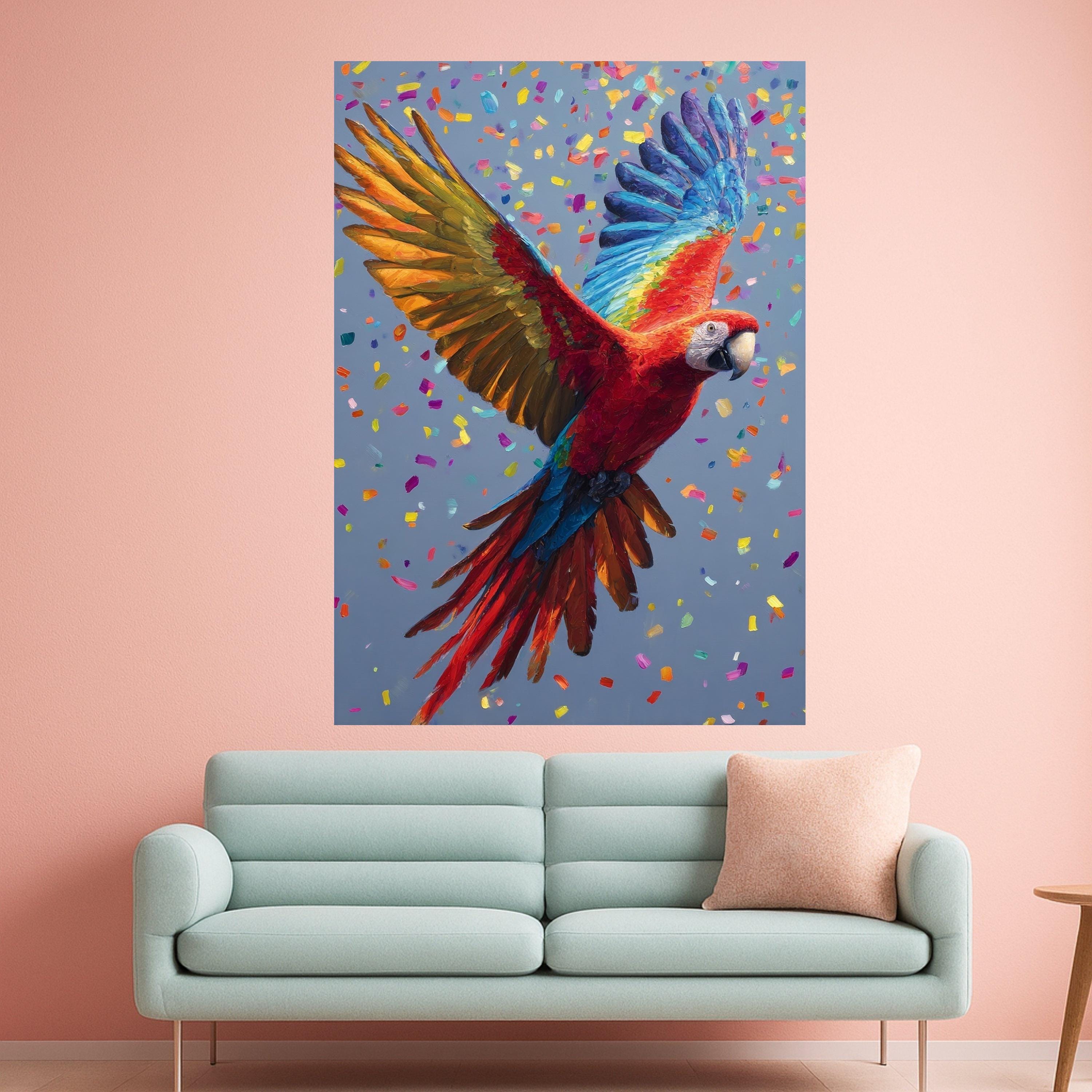 Vibrant Scarlet Macaw Canvas, Colorful Flying Parrot Wall Art, Tropical Bird Decoration, Bright Nature Canvas, Confetti Background Design