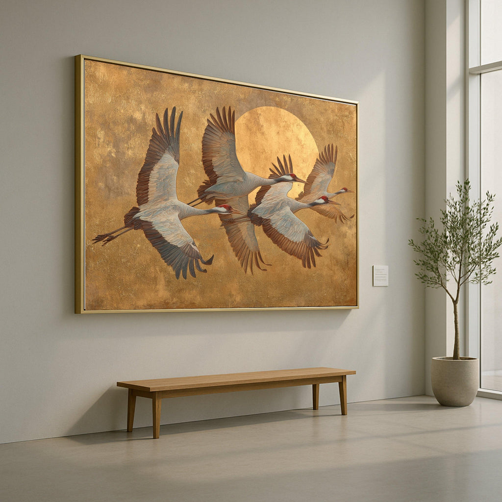 Elegant Flying Cranes Canvas Wall Art, Golden Sun Background, Bird Nature Scene, Tranquil Wildlife Canvas, Home Decor Wall Hanging