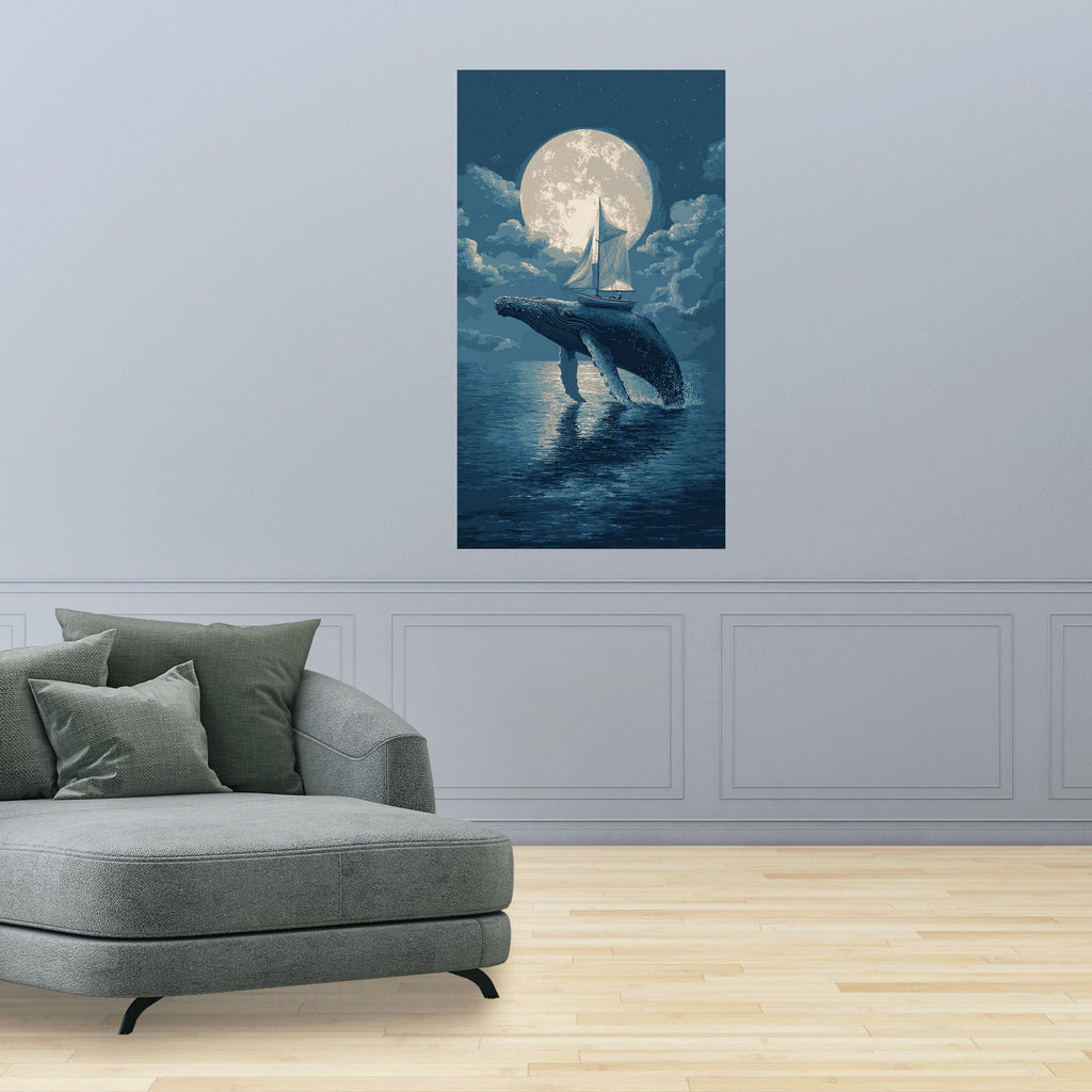 Moonlit Whale Jump, Sailboat Adventure Canvas, Ocean Night Sky Wall Art, Nautical Theme Canvas, Surreal Marine Decoration