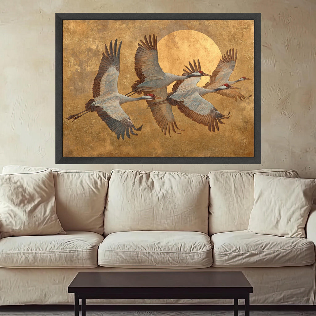Elegant Flying Cranes Canvas Wall Art, Golden Sun Background, Bird Nature Scene, Tranquil Wildlife Canvas, Home Decor Wall Hanging