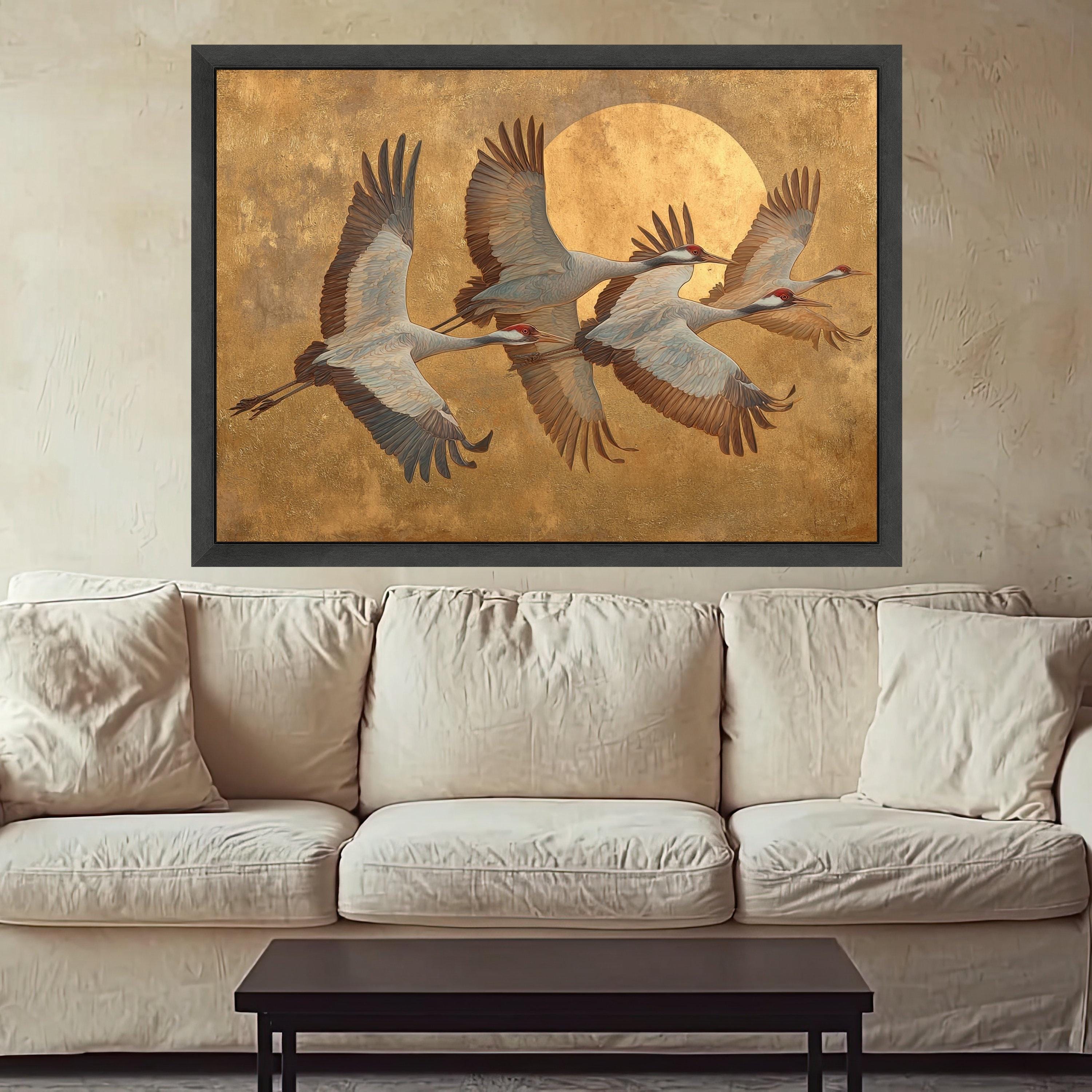 Elegant Flying Cranes Canvas Wall Art, Golden Sun Background, Bird Nature Scene, Tranquil Wildlife Canvas, Home Decor Wall Hanging