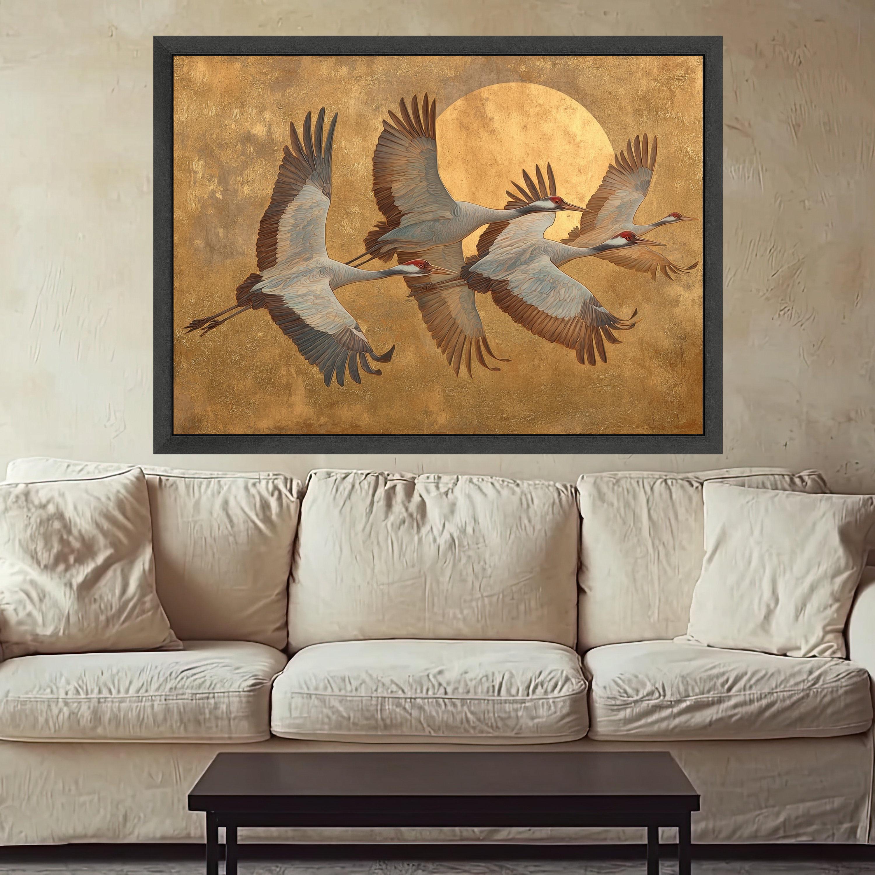 Elegant Flying Cranes Canvas Wall Art, Golden Sun Background, Bird Nature Scene, Tranquil Wildlife Canvas, Home Decor Wall Hanging