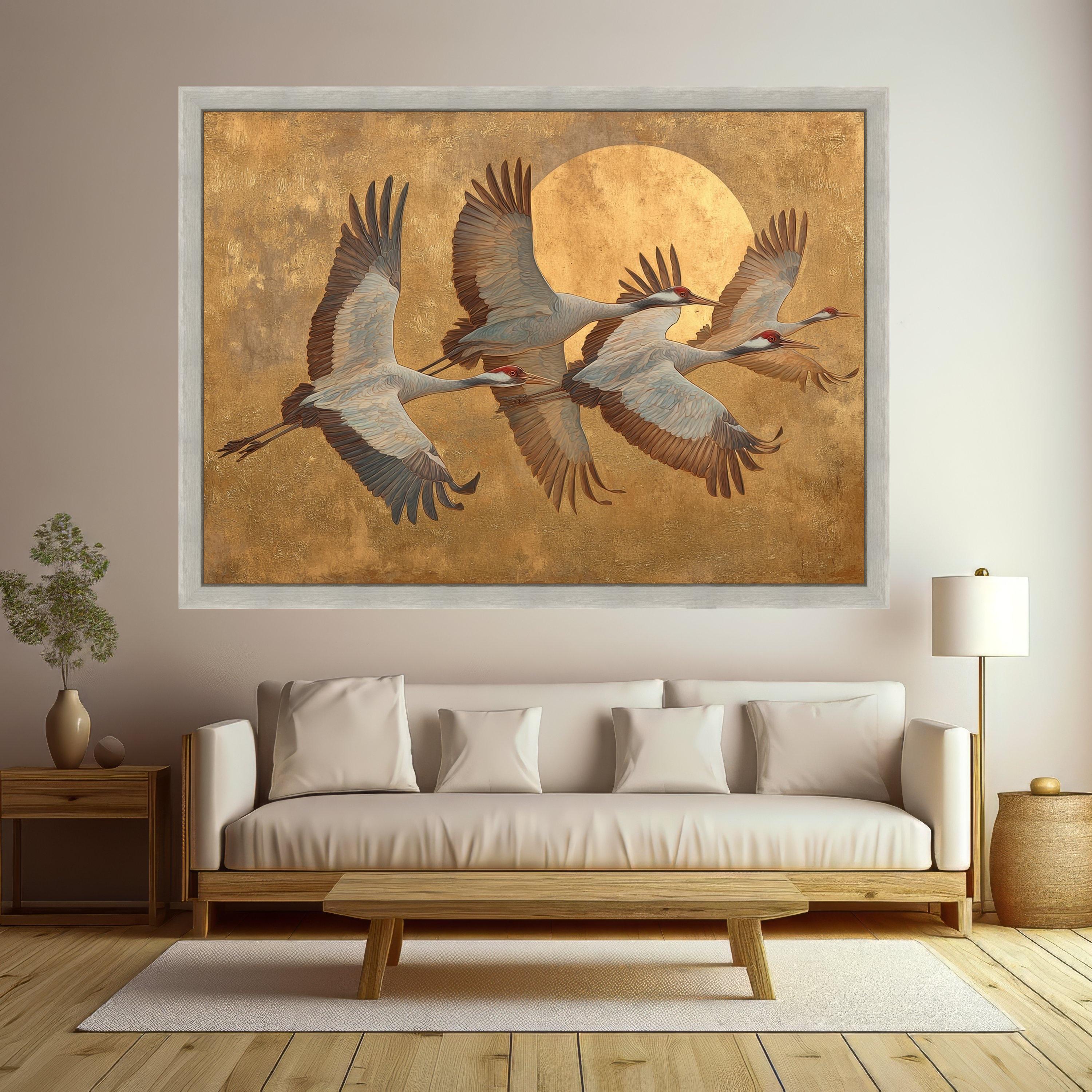 Elegant Flying Cranes Canvas Wall Art, Golden Sun Background, Bird Nature Scene, Tranquil Wildlife Canvas, Home Decor Wall Hanging