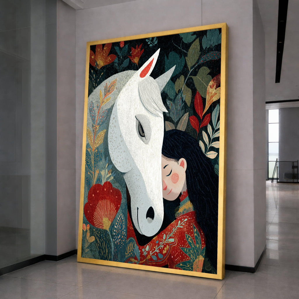 Whimsical Girl with White Horse Canvas, Floral Nature Wall Art, Cozy Animal Friendship Illustration, Home Decoration Canvas Art