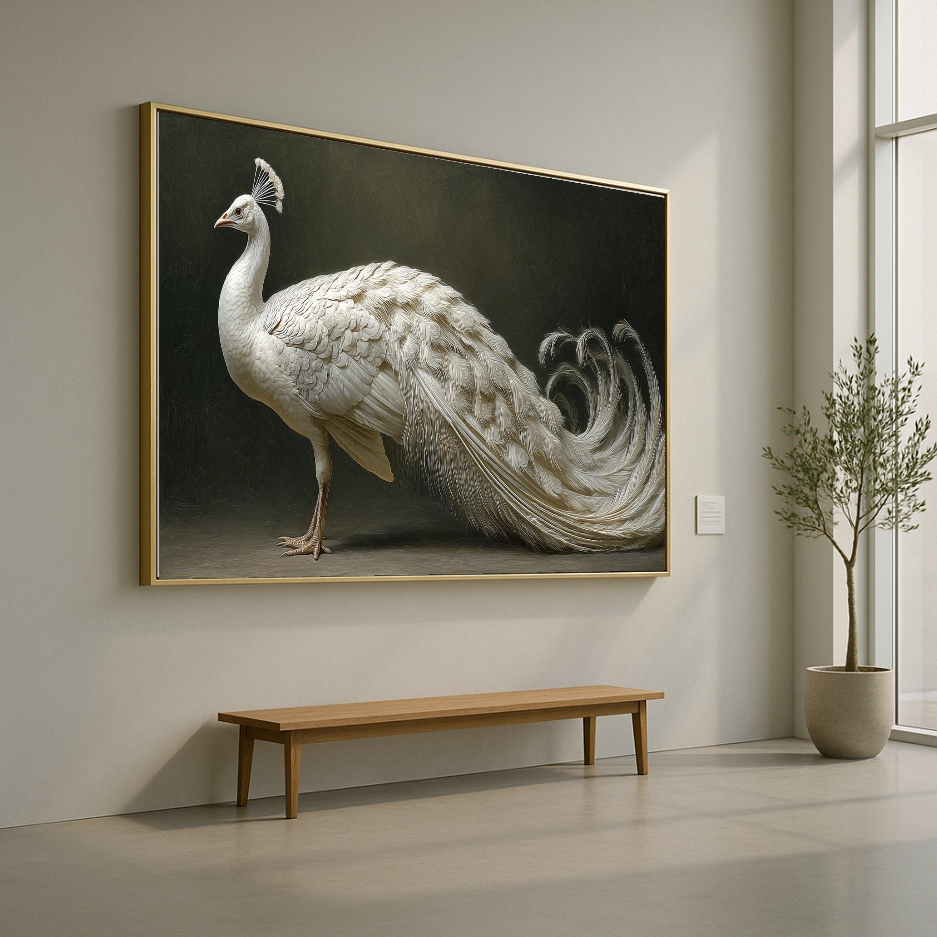 Elegant White Peacock Canvas Wall Art, Exotic Bird Illustration, Luxury Animal Portrait Decor, Graceful Wildlife Canvas Print
