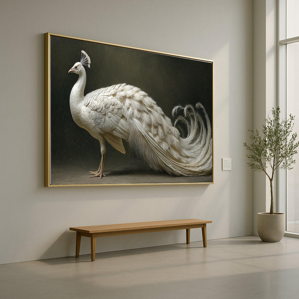 Elegant White Peacock Canvas Wall Art, Exotic Bird Illustration, Luxury Animal Portrait Decor, Graceful Wildlife Canvas Print