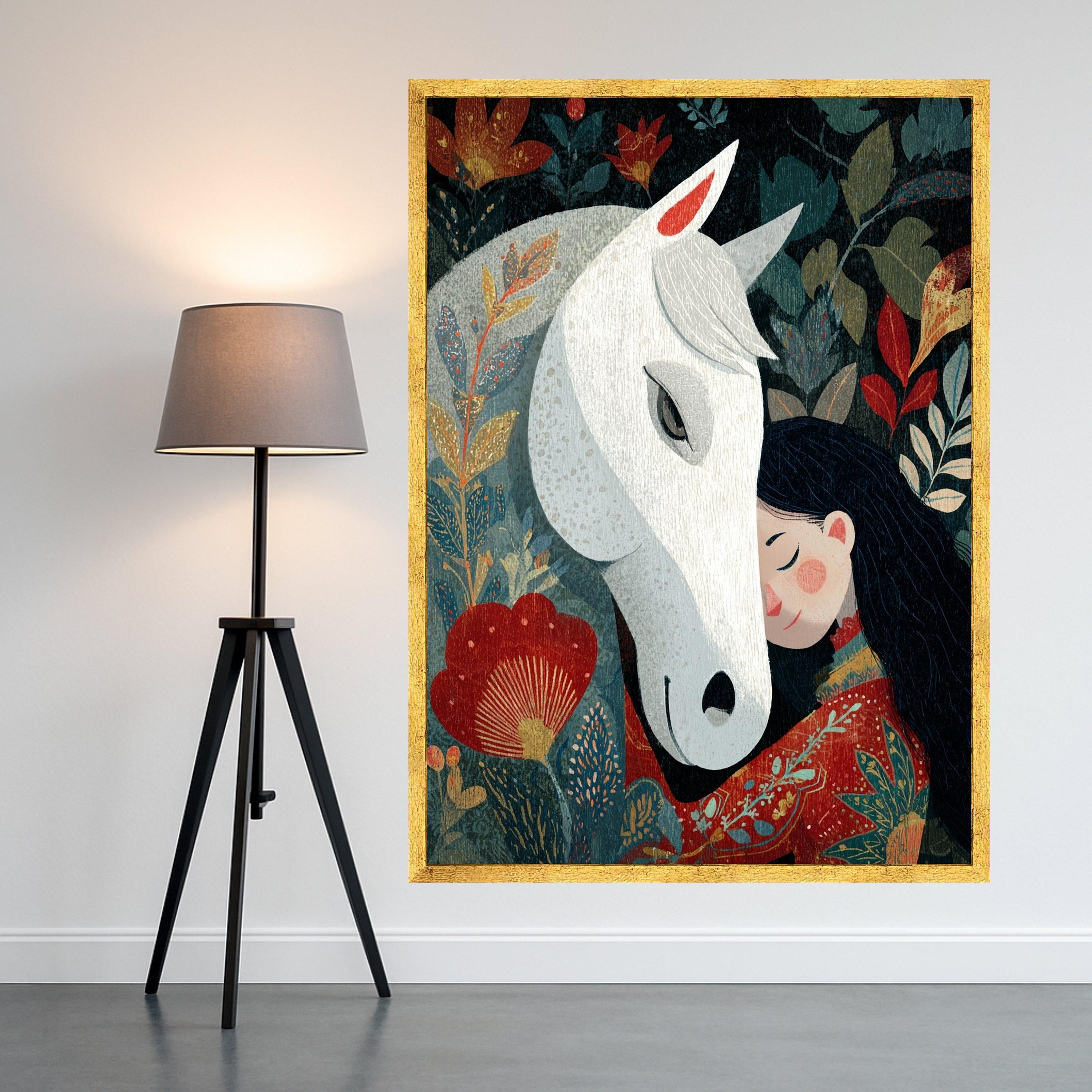 Whimsical Girl with White Horse Canvas, Floral Nature Wall Art, Cozy Animal Friendship Illustration, Home Decoration Canvas Art