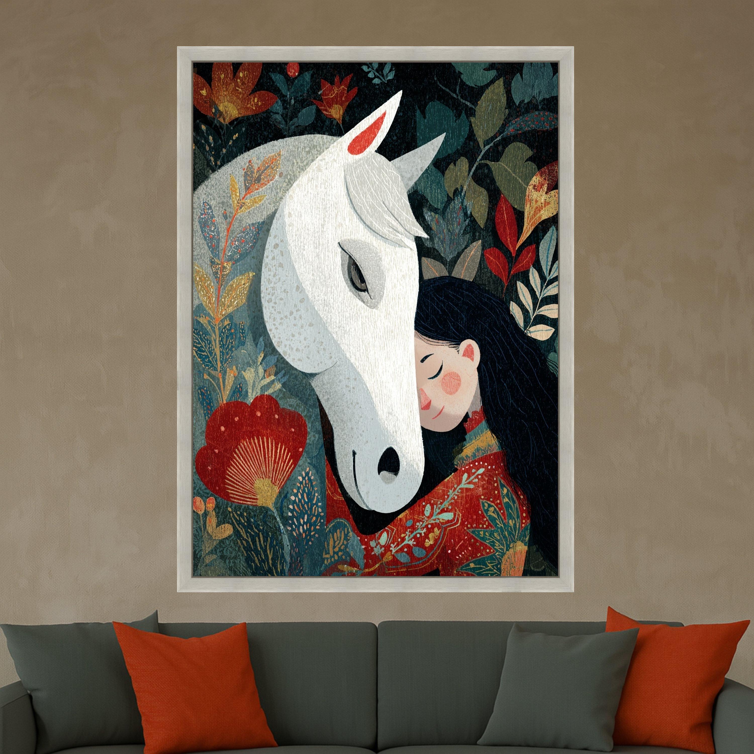 Whimsical Girl with White Horse Canvas, Floral Nature Wall Art, Cozy Animal Friendship Illustration, Home Decoration Canvas Art