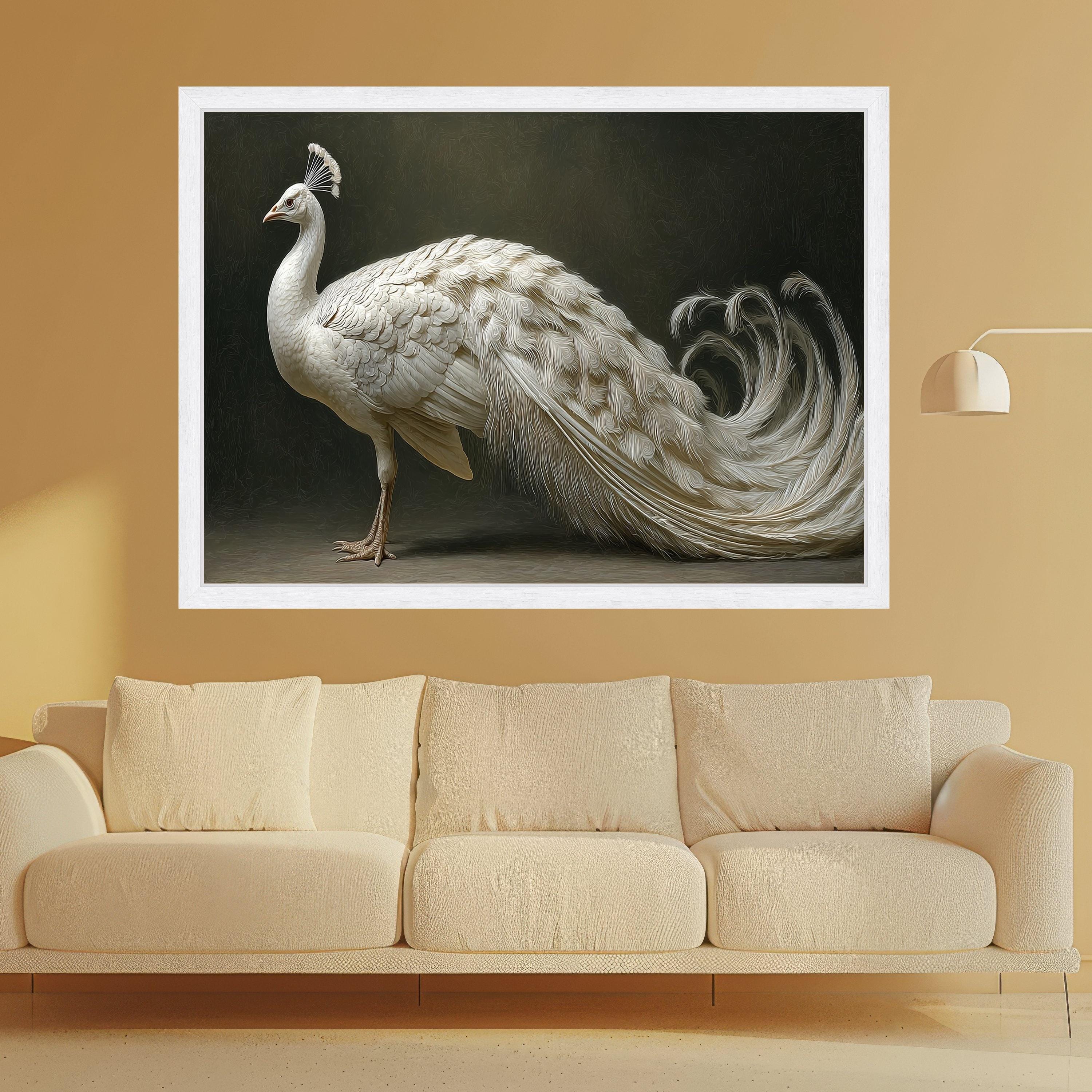 Elegant White Peacock Canvas Wall Art, Exotic Bird Illustration, Luxury Animal Portrait Decor, Graceful Wildlife Canvas Print