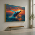 Majestic Blue Whale Jumping Canvas, Ocean Sunset Wall Art, Marine Life Canvas, Nature Scene Canvas, Vibrant Sea Life Decoration