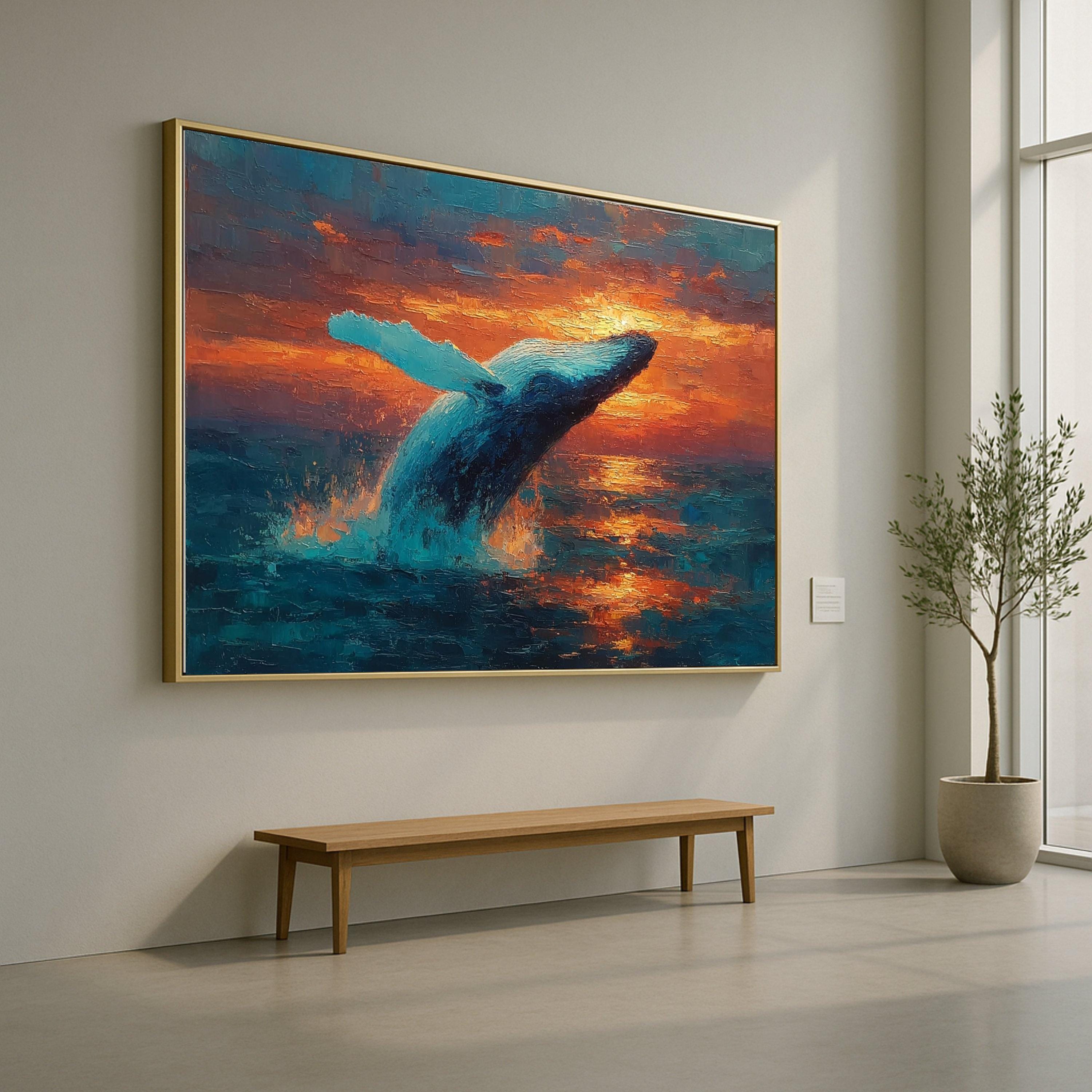 Majestic Blue Whale Jumping Canvas, Ocean Sunset Wall Art, Marine Life Canvas, Nature Scene Canvas, Vibrant Sea Life Decoration
