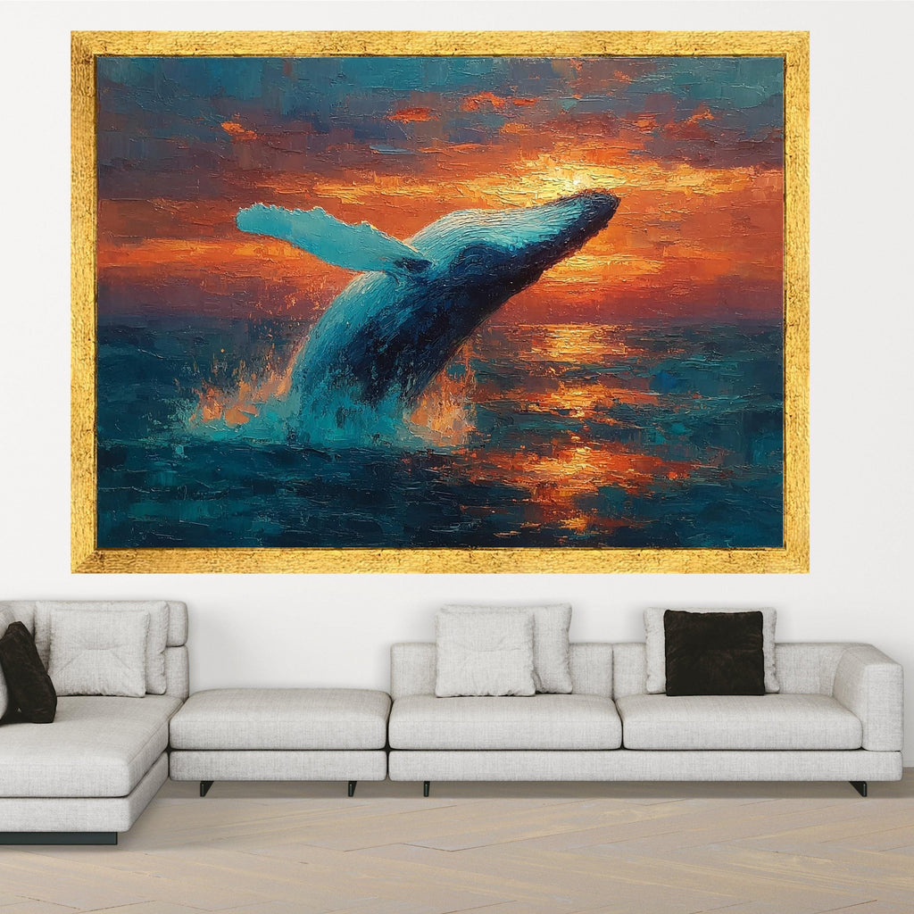 Majestic Blue Whale Jumping Canvas, Ocean Sunset Wall Art, Marine Life Canvas, Nature Scene Canvas, Vibrant Sea Life Decoration