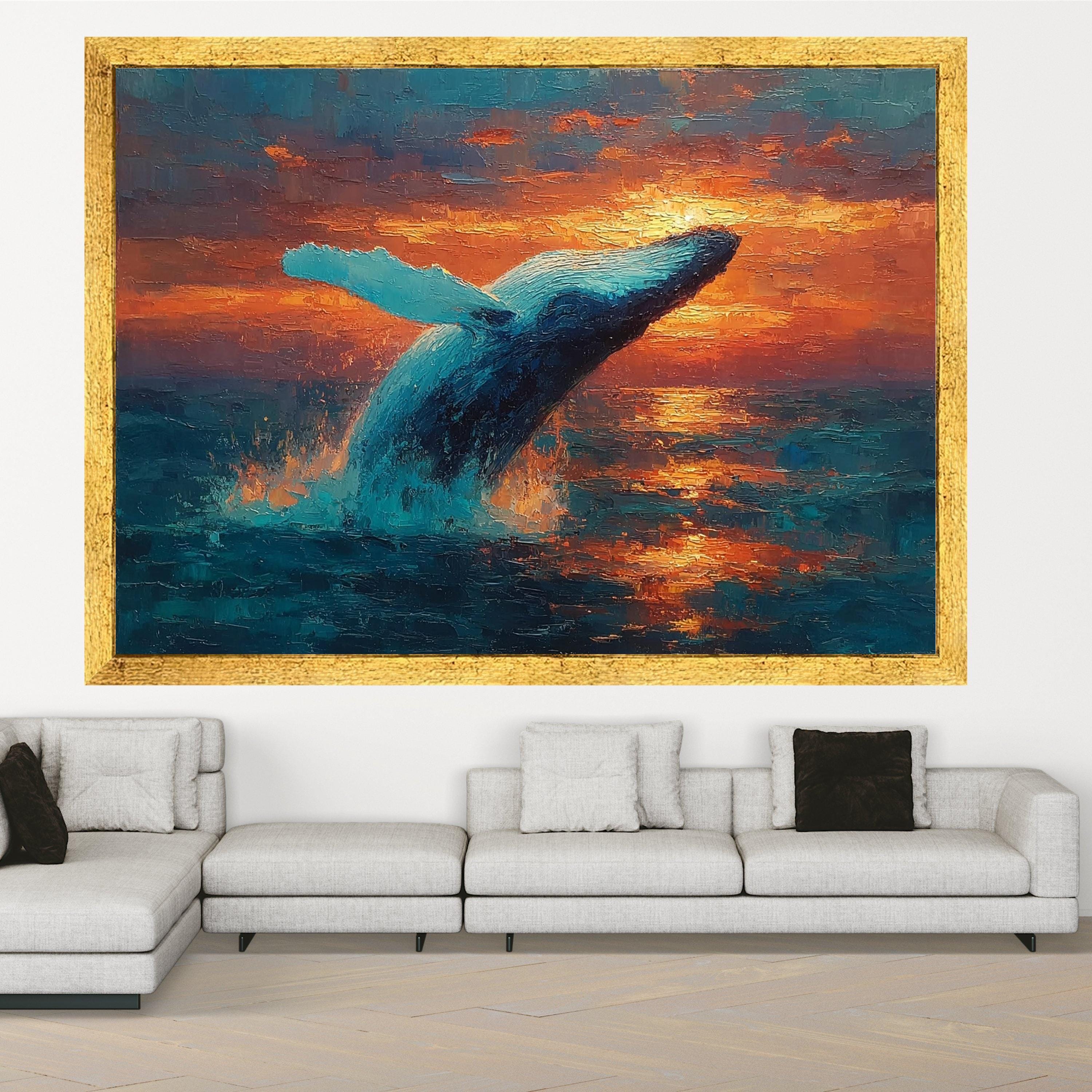Majestic Blue Whale Jumping Canvas, Ocean Sunset Wall Art, Marine Life Canvas, Nature Scene Canvas, Vibrant Sea Life Decoration