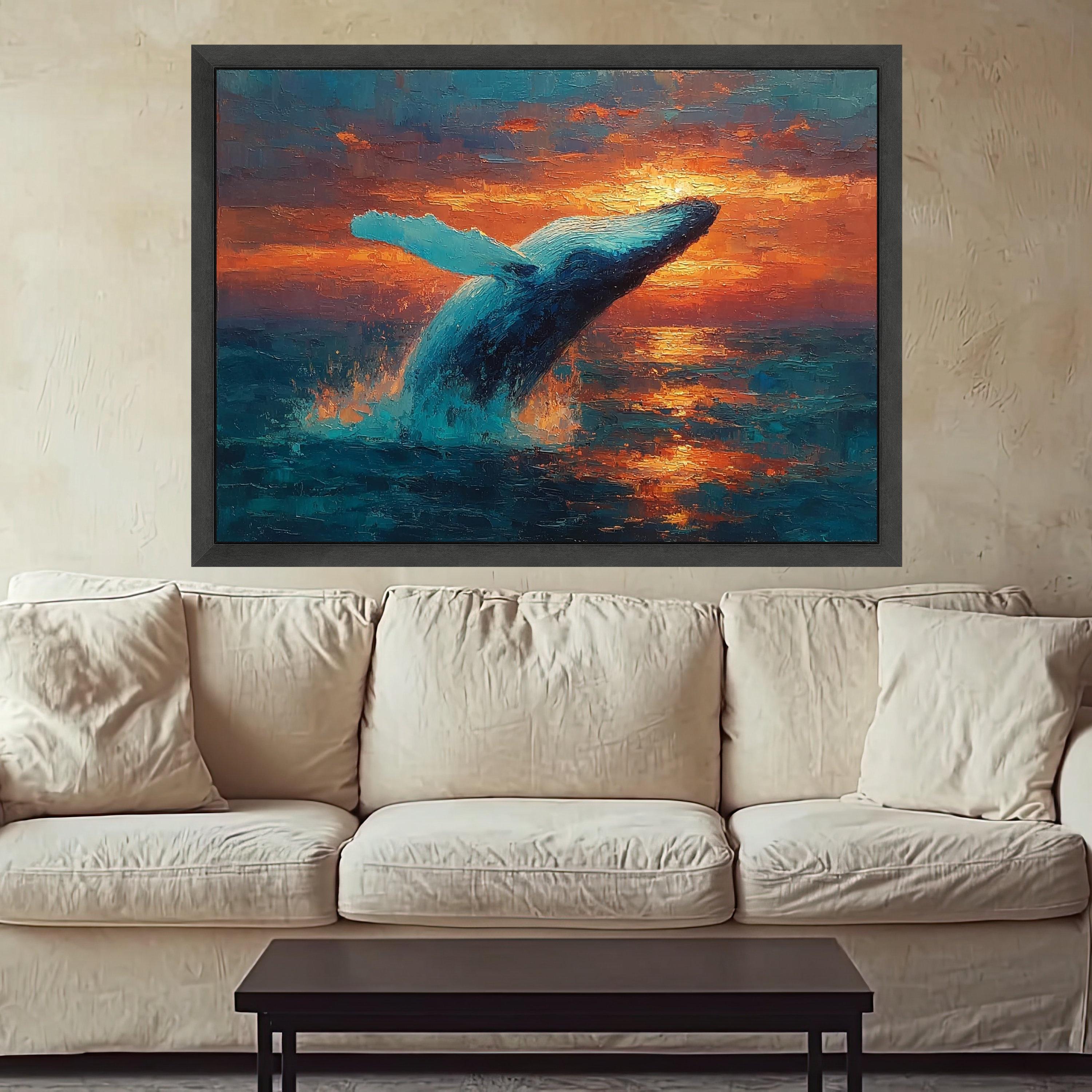 Majestic Blue Whale Jumping Canvas, Ocean Sunset Wall Art, Marine Life Canvas, Nature Scene Canvas, Vibrant Sea Life Decoration