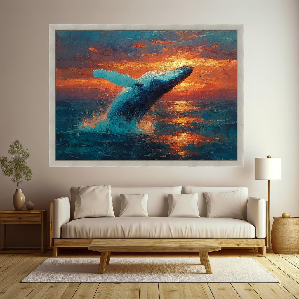 Majestic Blue Whale Jumping Canvas, Ocean Sunset Wall Art, Marine Life Canvas, Nature Scene Canvas, Vibrant Sea Life Decoration