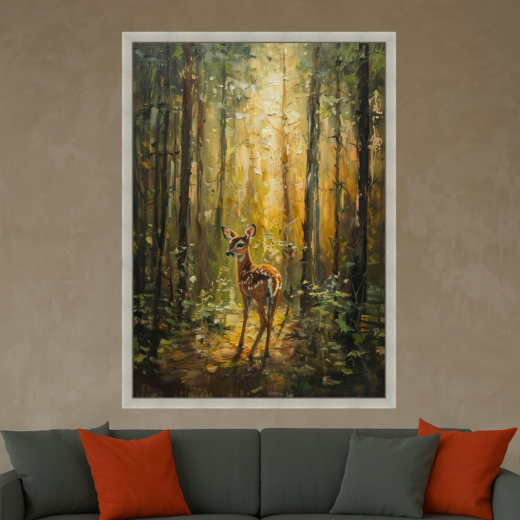 Gentle Fawn in Sunlit Forest Canvas, Woodland Animal Wall Art, Nature Scene Canvas, Rustic Home Decoration, Woodland Wildlife Canvas