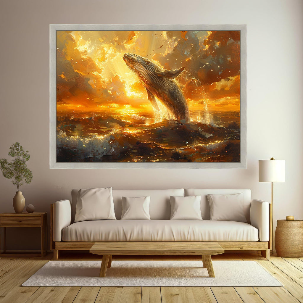 Majestic Whale Breach at Sunset Canvas, Ocean Wildlife Wall Art, Golden Sea Scene, Coastal Home Decor, Nature Canvas Print