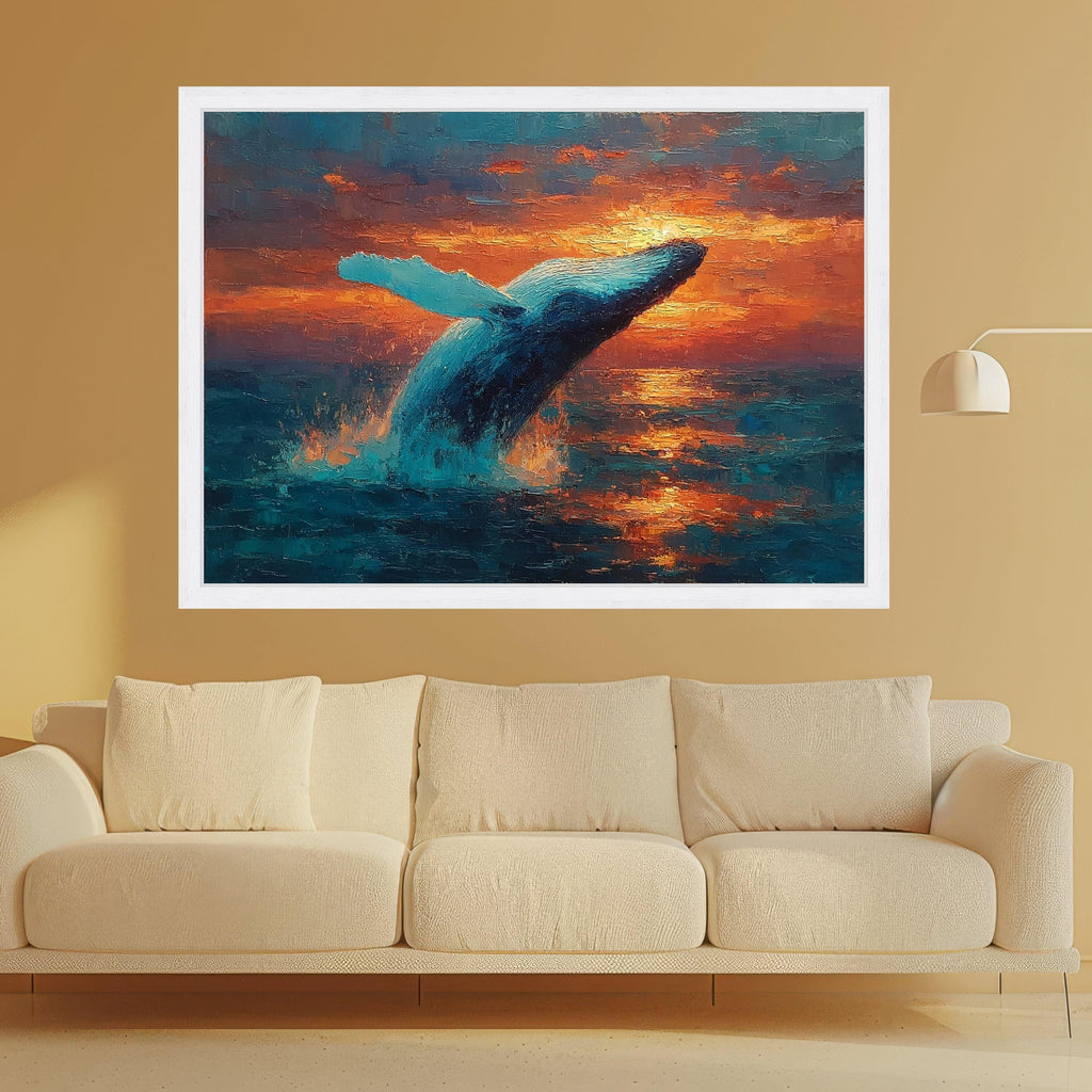 Majestic Blue Whale Jumping Canvas, Ocean Sunset Wall Art, Marine Life Canvas, Nature Scene Canvas, Vibrant Sea Life Decoration