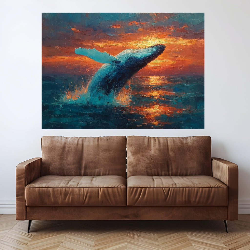 Majestic Blue Whale Jumping Canvas, Ocean Sunset Wall Art, Marine Life Canvas, Nature Scene Canvas, Vibrant Sea Life Decoration