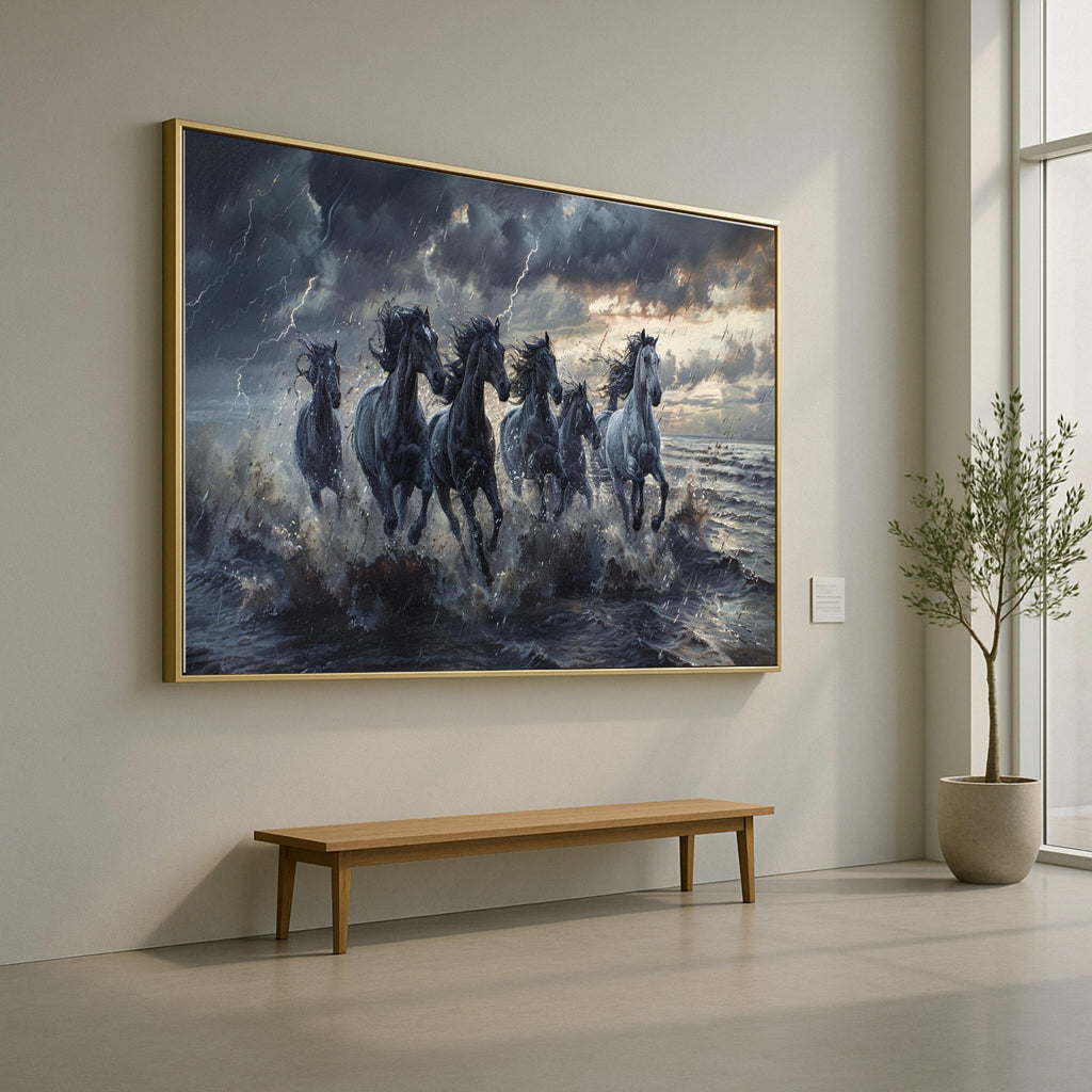 Galloping Horses in Stormy Sea Canvas, Wild Horses Wall Art, Dramatic Nature Scene, Ocean Splash Canvas, Adventure Home Decoration