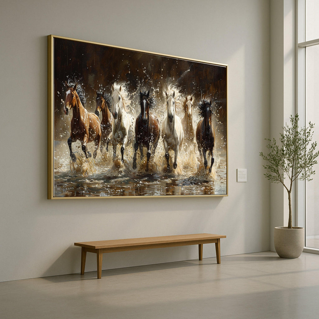Majestic Wild Horses Running Through Water Canvas, Dynamic Animal Wall Art, Nature Scene Decoration, Equestrian Canvas Wall Decor