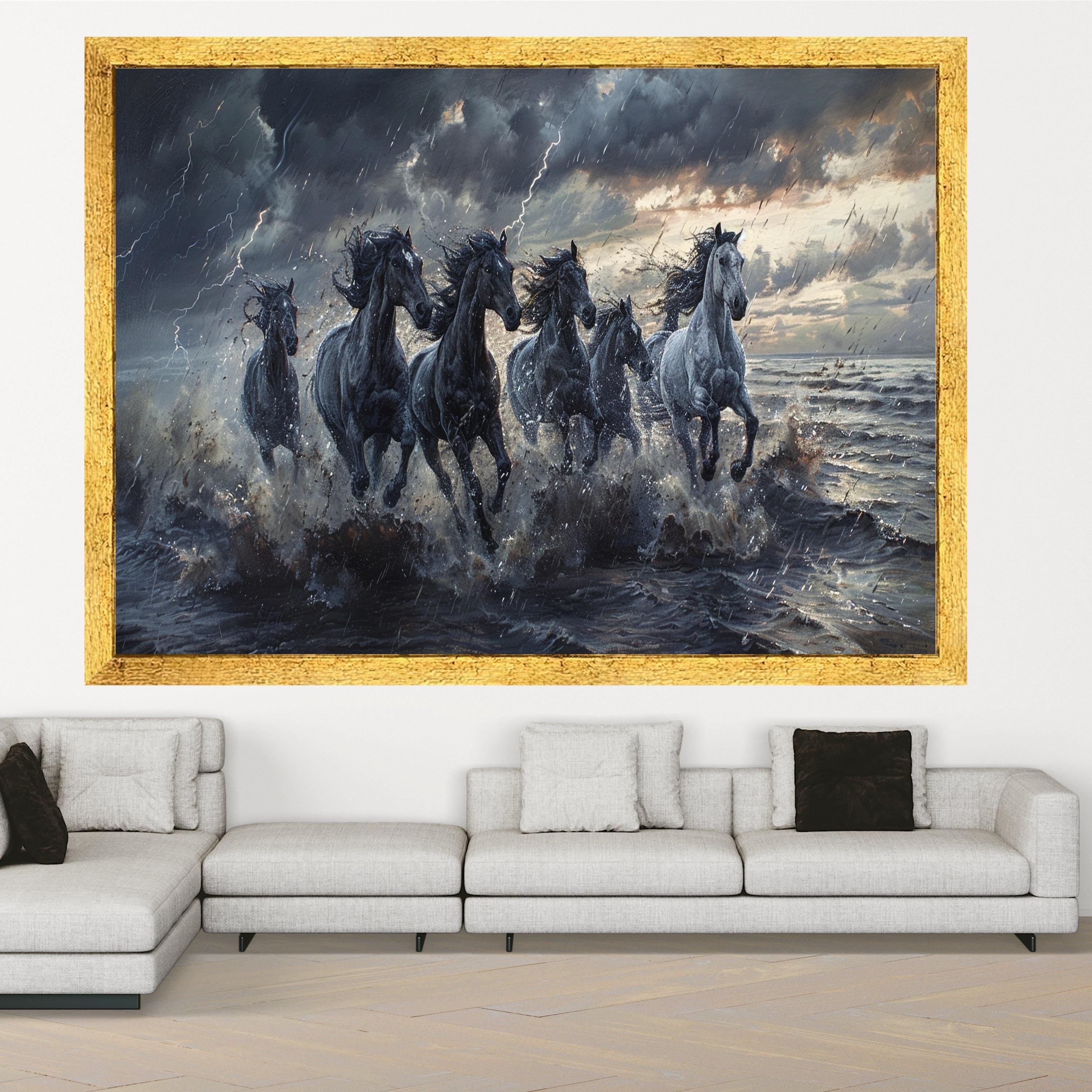 Galloping Horses in Stormy Sea Canvas, Wild Horses Wall Art, Dramatic Nature Scene, Ocean Splash Canvas, Adventure Home Decoration