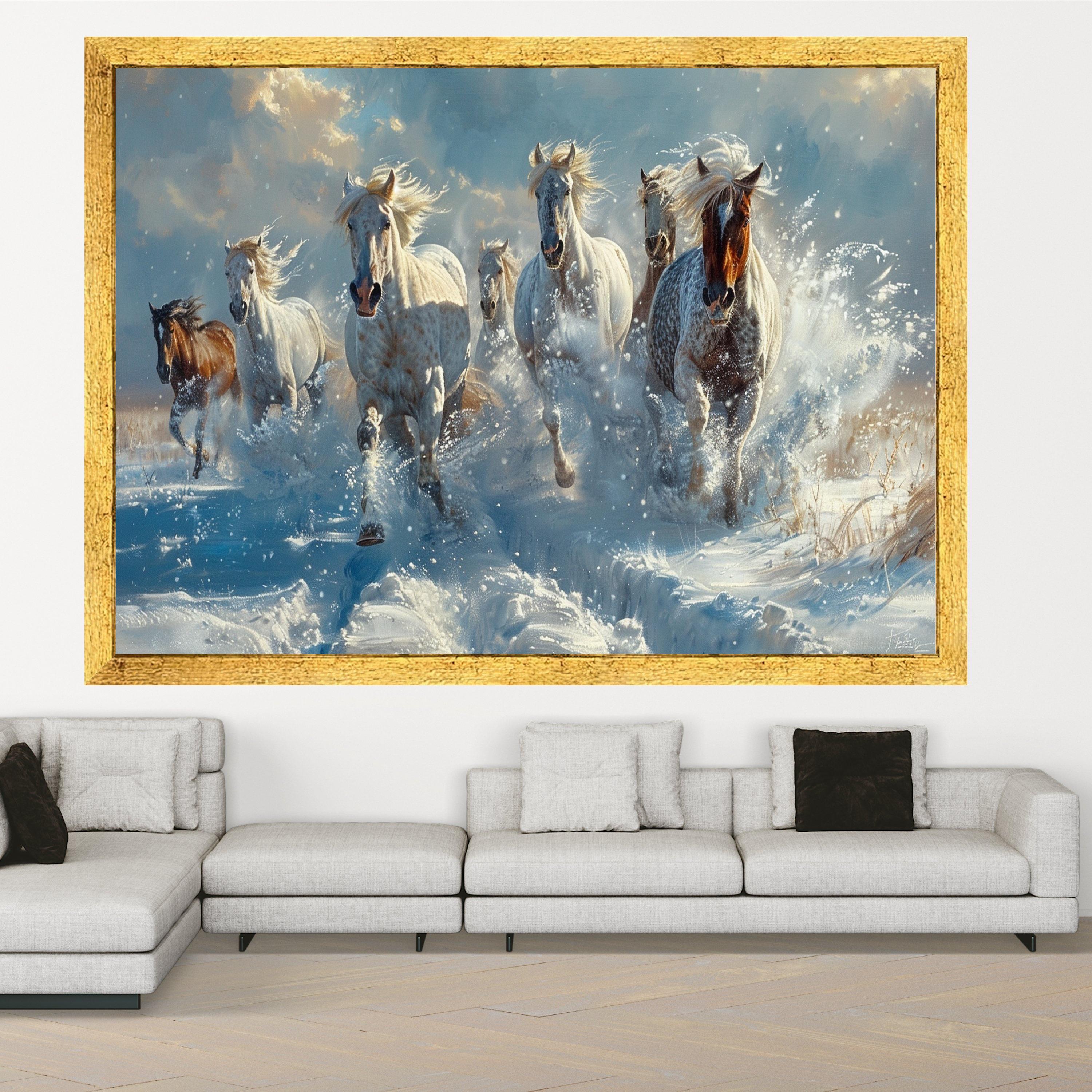 Majestic Wild Horses Running Through Snow Canvas, Winter Nature Wall Art, Animal Landscape Canvas, Dynamic Home Decoration