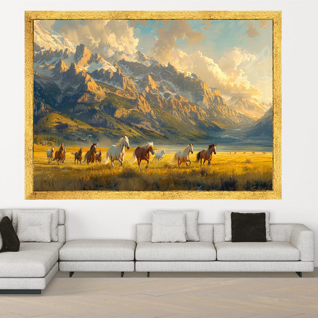 Wild Horses Running Canvas, Mountain Landscape Wall Art, Sunset Field Scene, Nature Canvas Decoration, Western Home Art