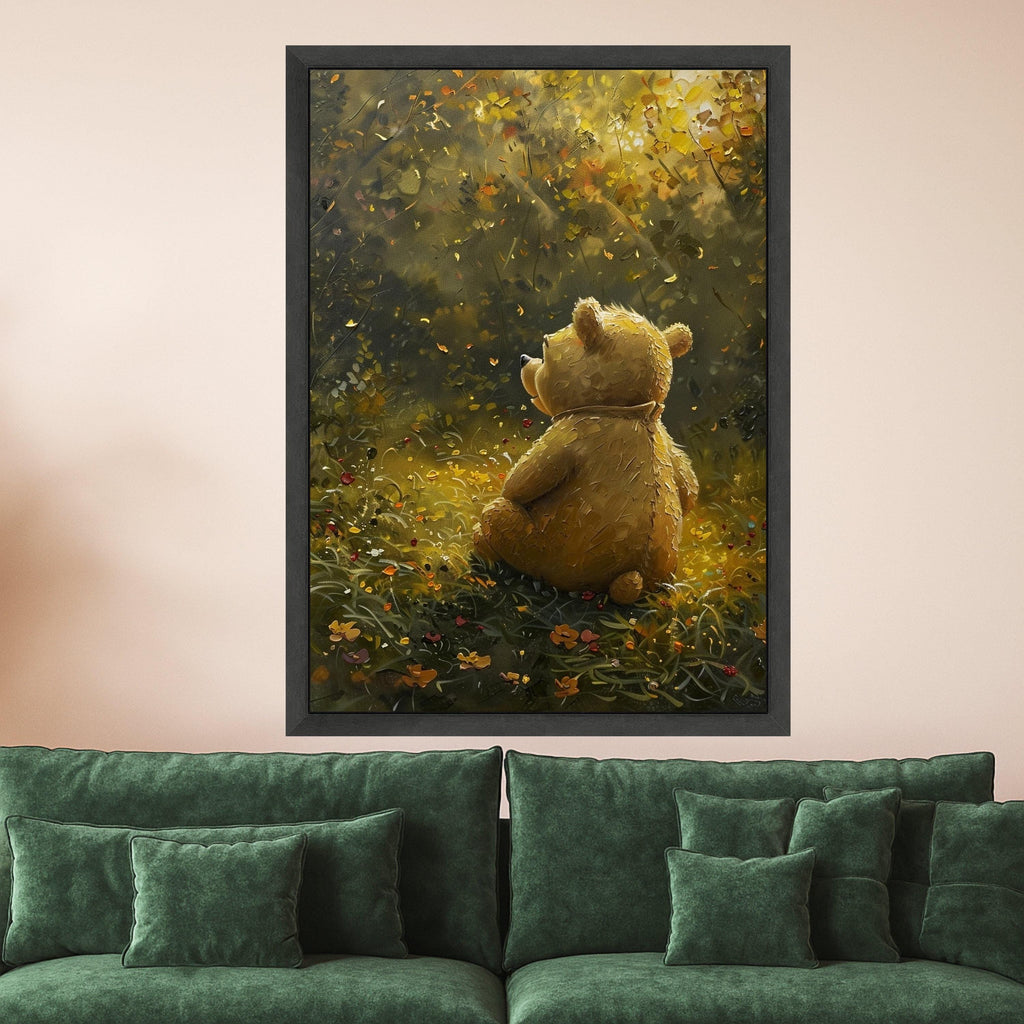 Whimsical Teddy Bear in Autumn Meadow Canvas, Childrens Room Wall Art, Cute Animal Illustration, Cozy Nature Scene Canvas