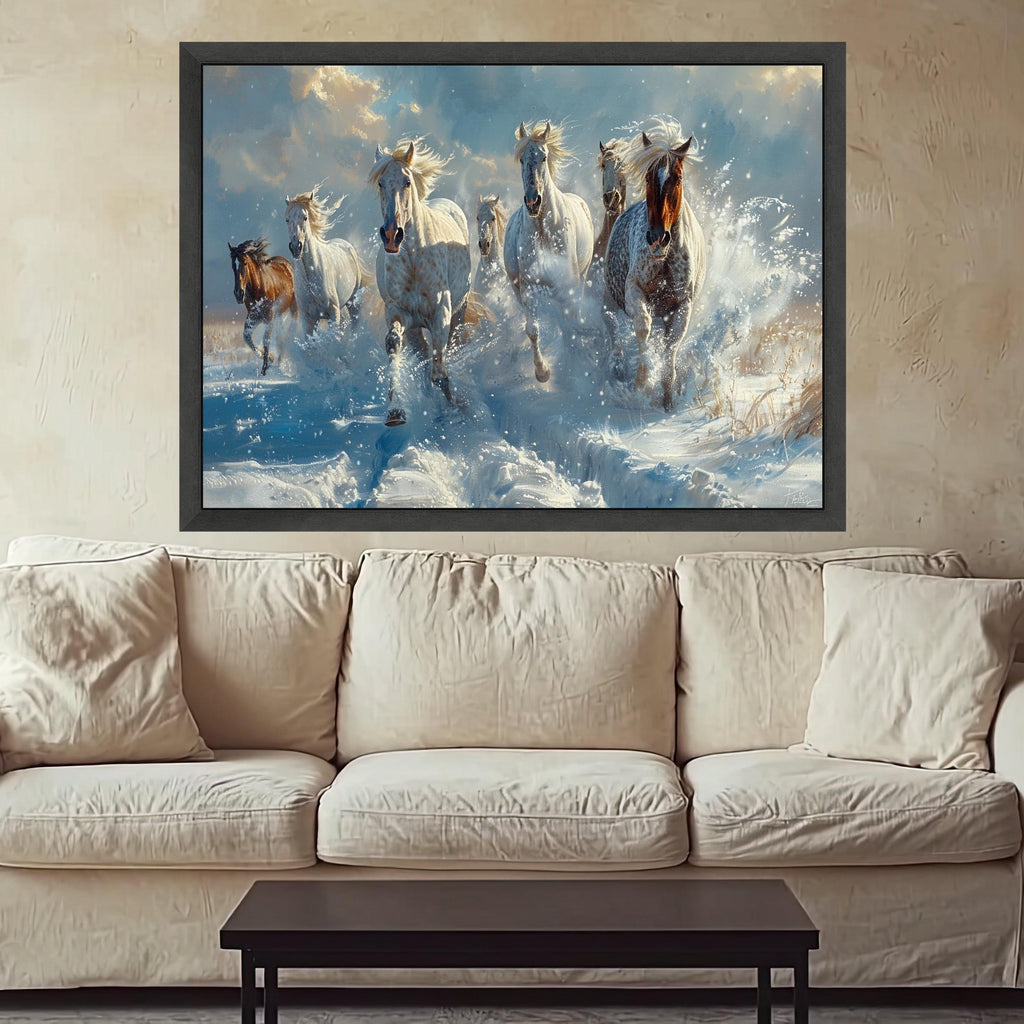 Majestic Wild Horses Running Through Snow Canvas, Winter Nature Wall Art, Animal Landscape Canvas, Dynamic Home Decoration