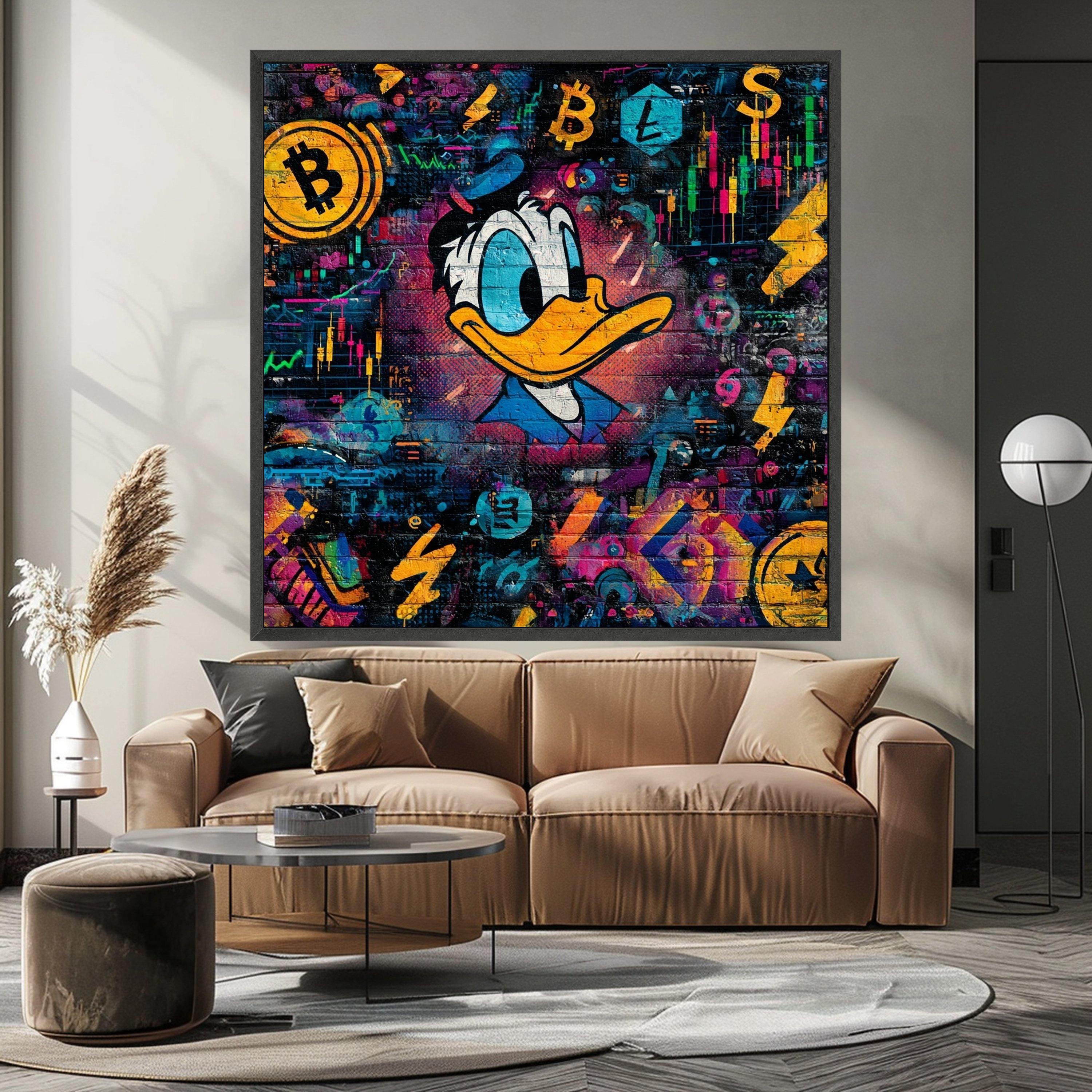 Vibrant Crypto Street Art Canvas, Digital Currency Wall Art, Colorful Urban Decor, Bitcoin and Litecoin Design, Modern Pop Culture Canvas