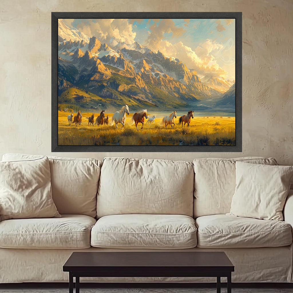 Wild Horses Running Canvas, Mountain Landscape Wall Art, Sunset Field Scene, Nature Canvas Decoration, Western Home Art
