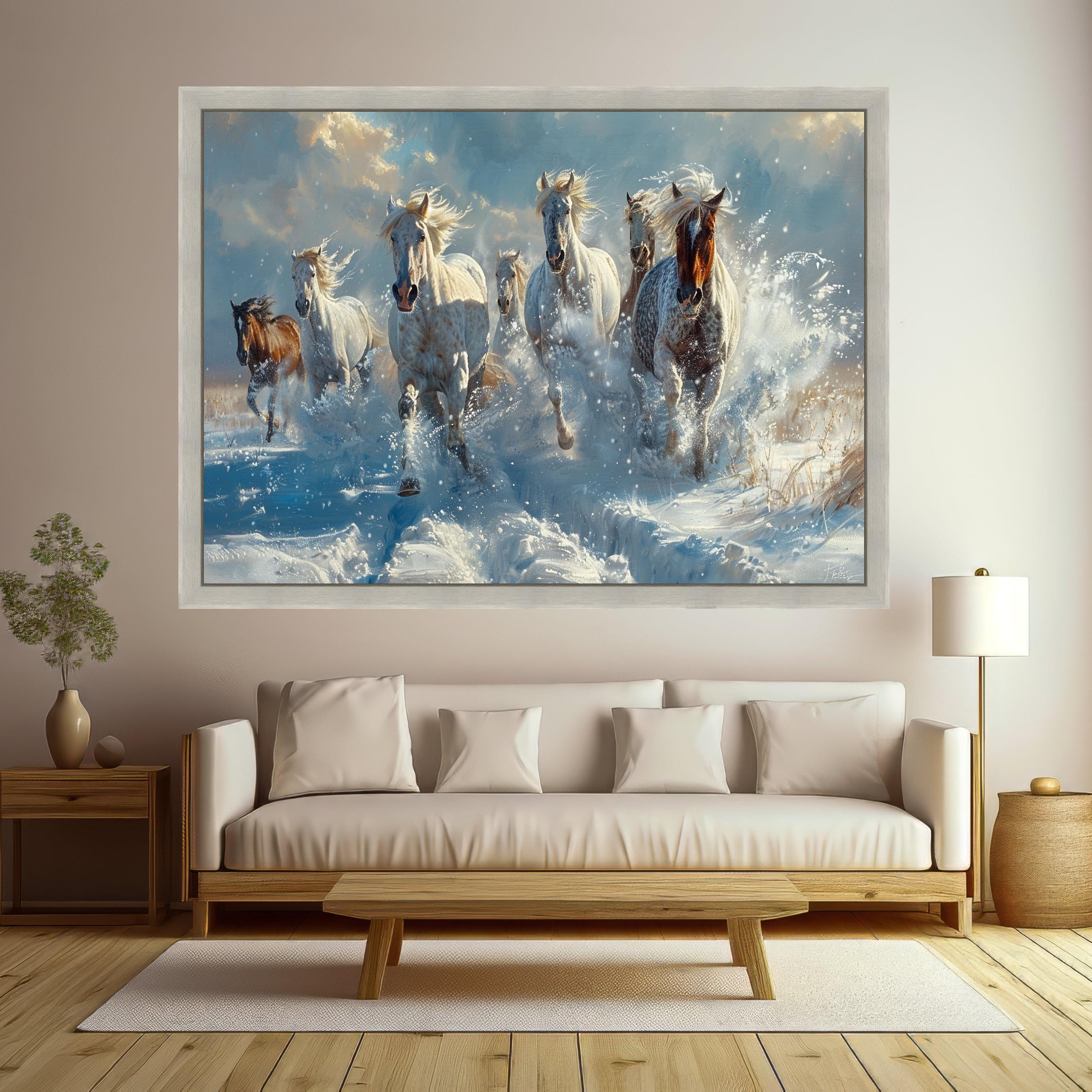 Majestic Wild Horses Running Through Snow Canvas, Winter Nature Wall Art, Animal Landscape Canvas, Dynamic Home Decoration