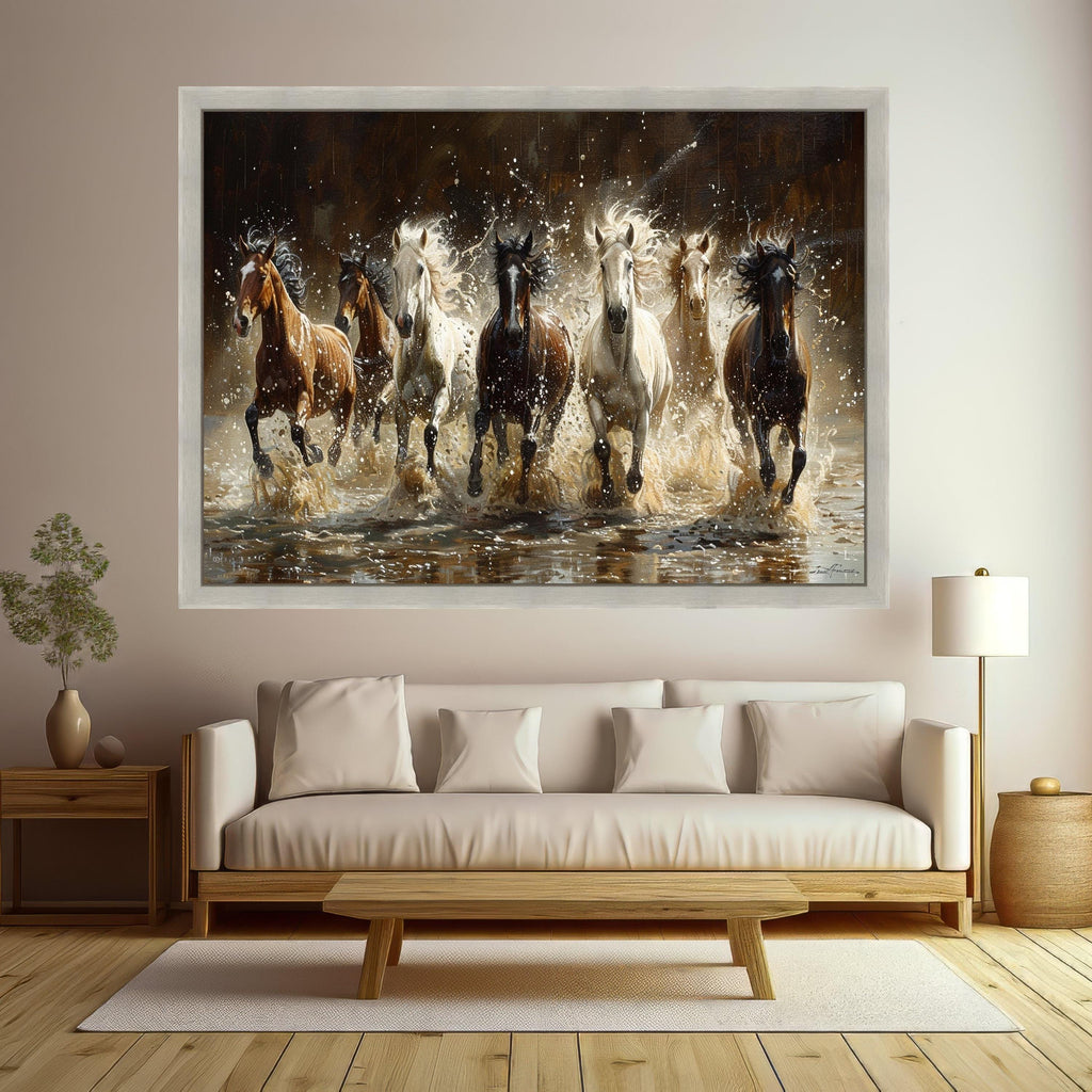 Majestic Wild Horses Running Through Water Canvas, Dynamic Animal Wall Art, Nature Scene Decoration, Equestrian Canvas Wall Decor